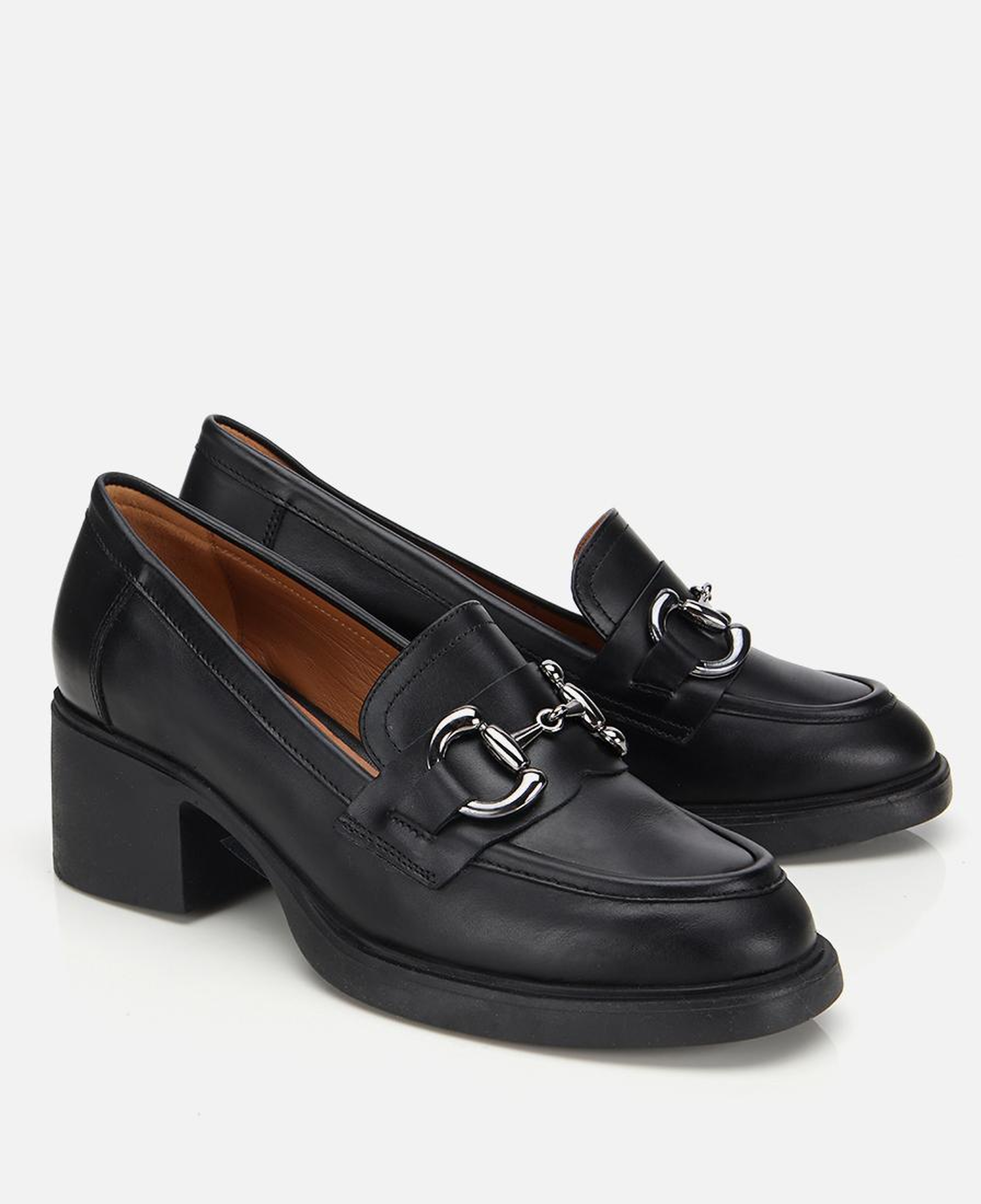 Kadın Deri Siyah Tokalı Yüksek Topuklu Klasik Loafer