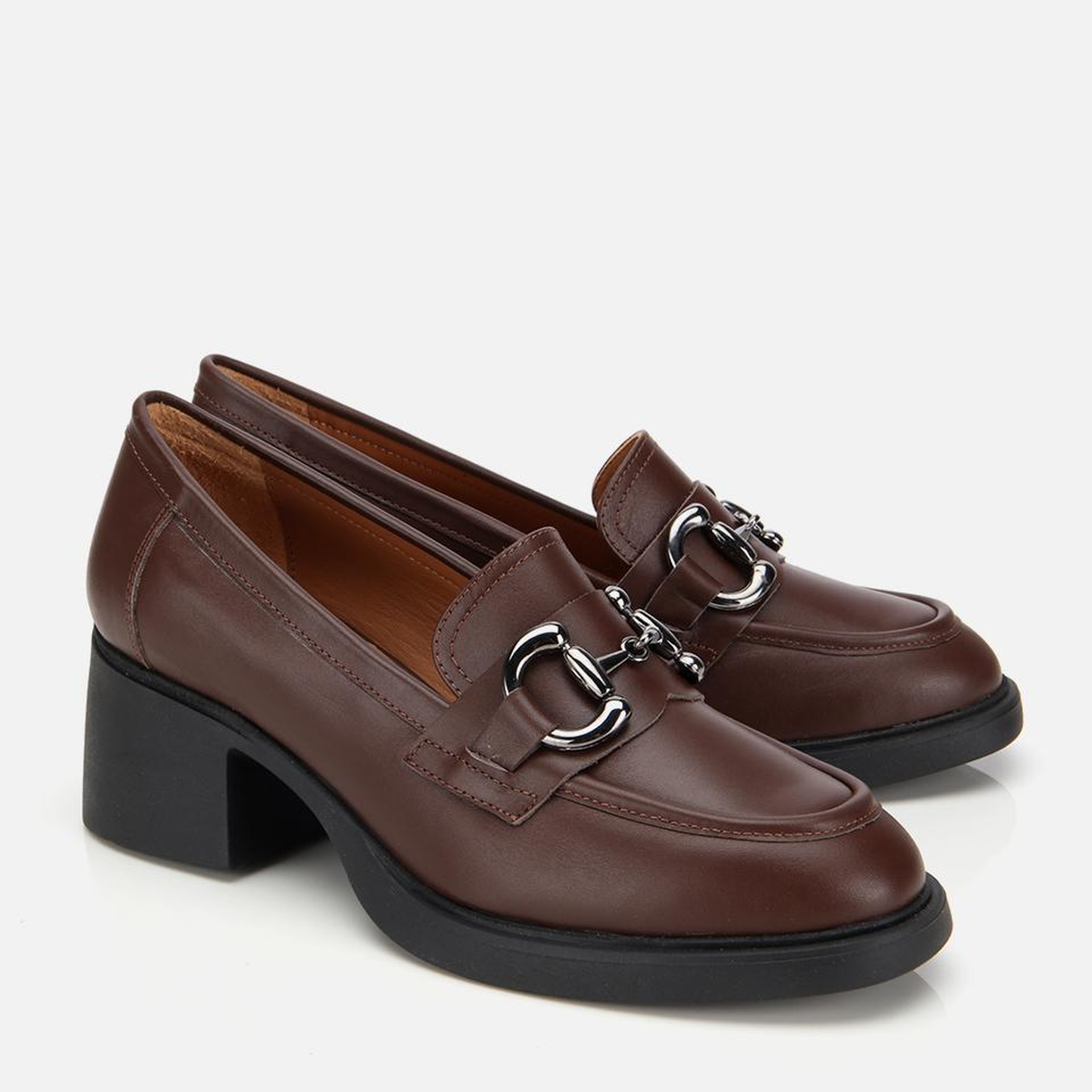 Kadın Deri Kahverengi Tokalı Yüksek Topuklu Klasik Loafer