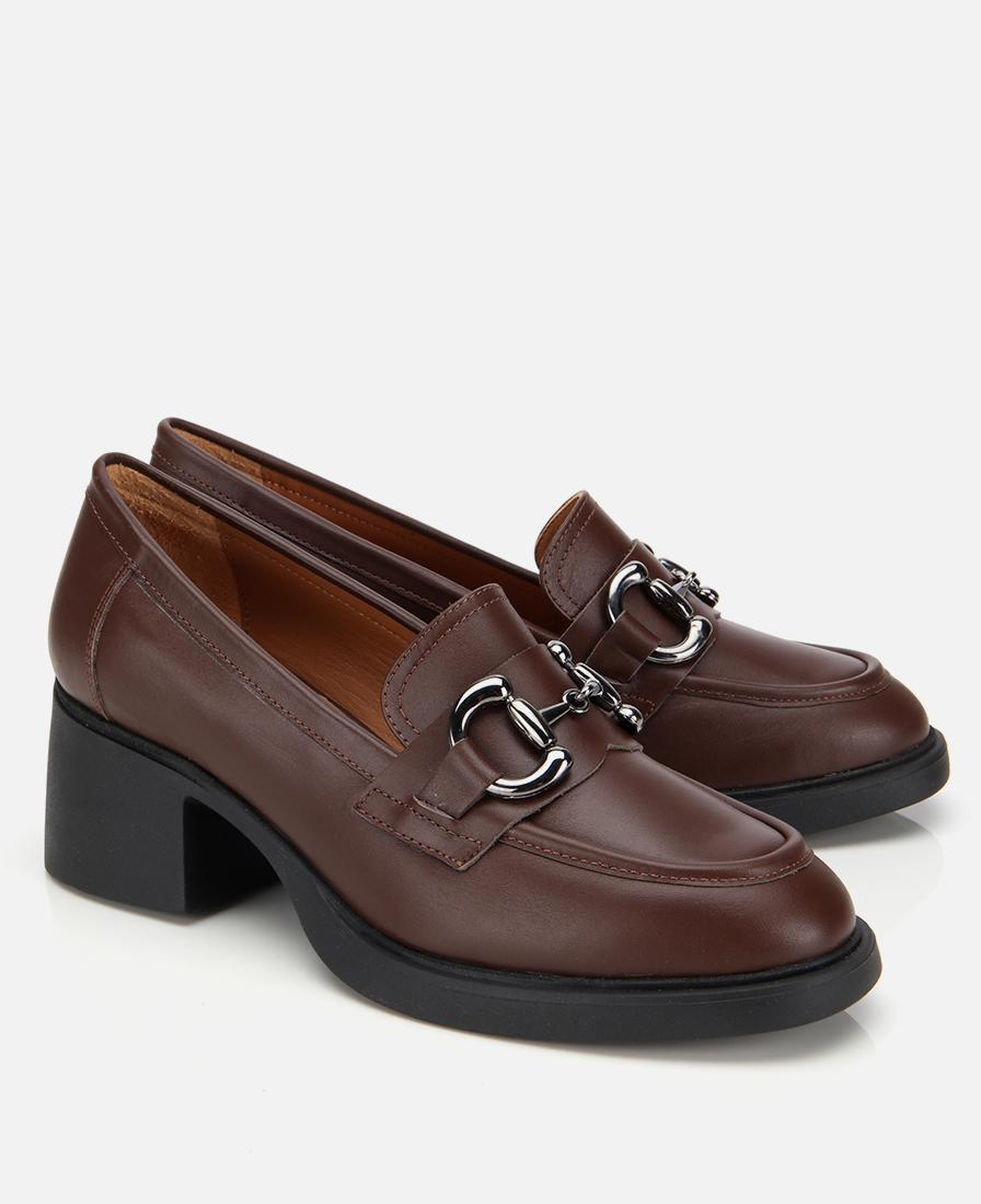 Kadın Deri Kahverengi Tokalı Yüksek Topuklu Klasik Loafer
