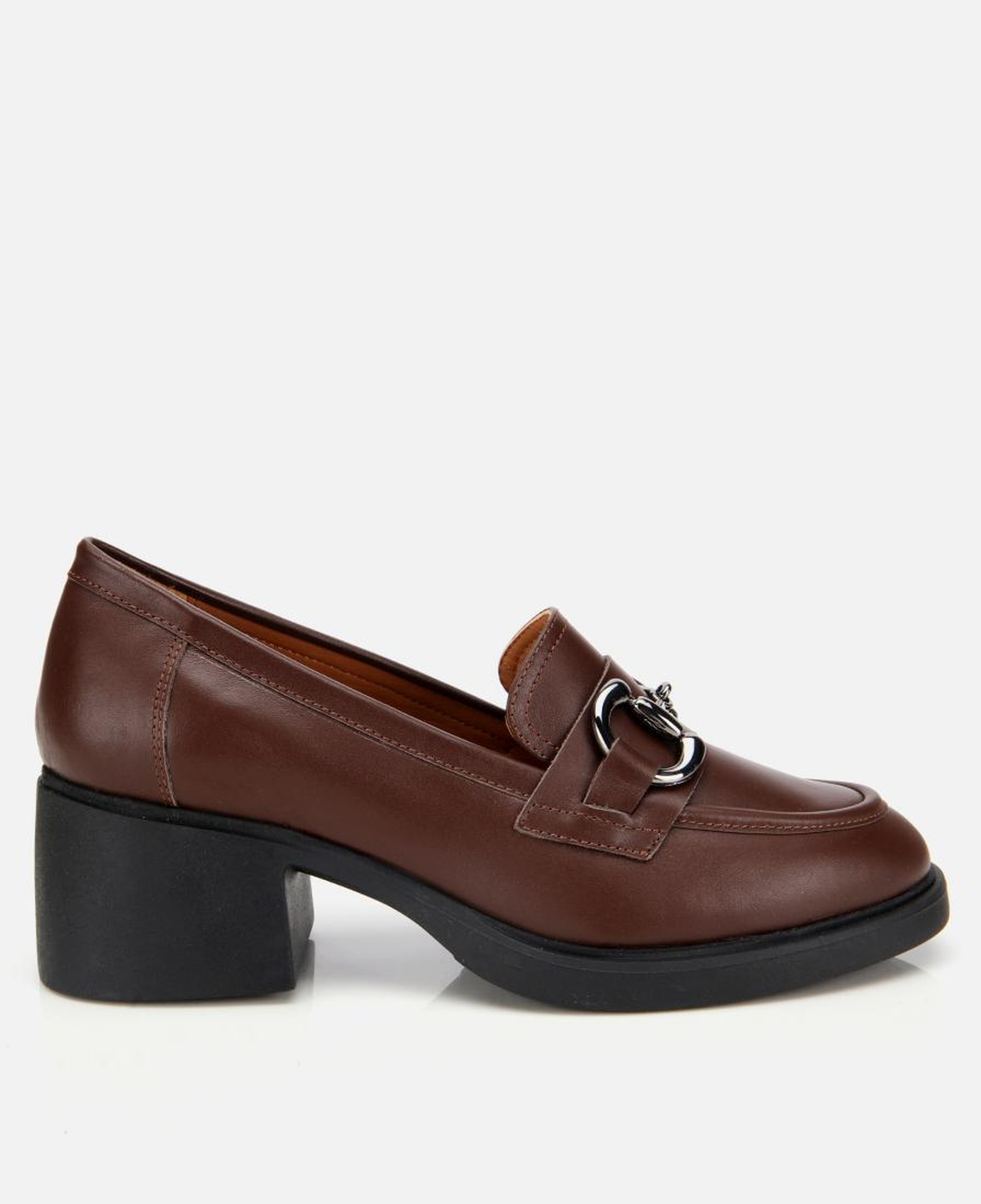 Kadın Deri Kahverengi Tokalı Yüksek Topuklu Klasik Loafer