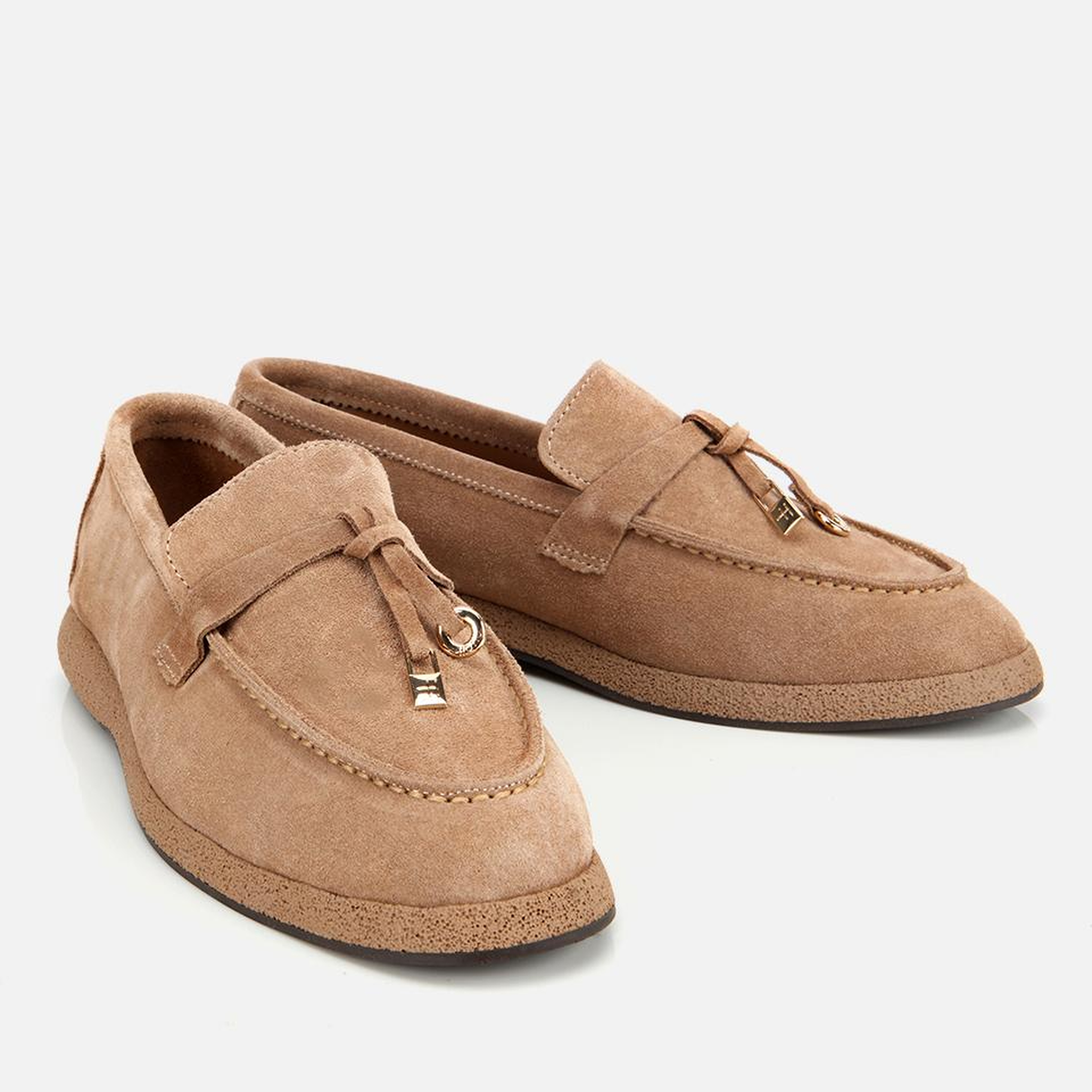 Kadın Süet Deri Vizon Gold Aksesuarlı Klasik Loafer