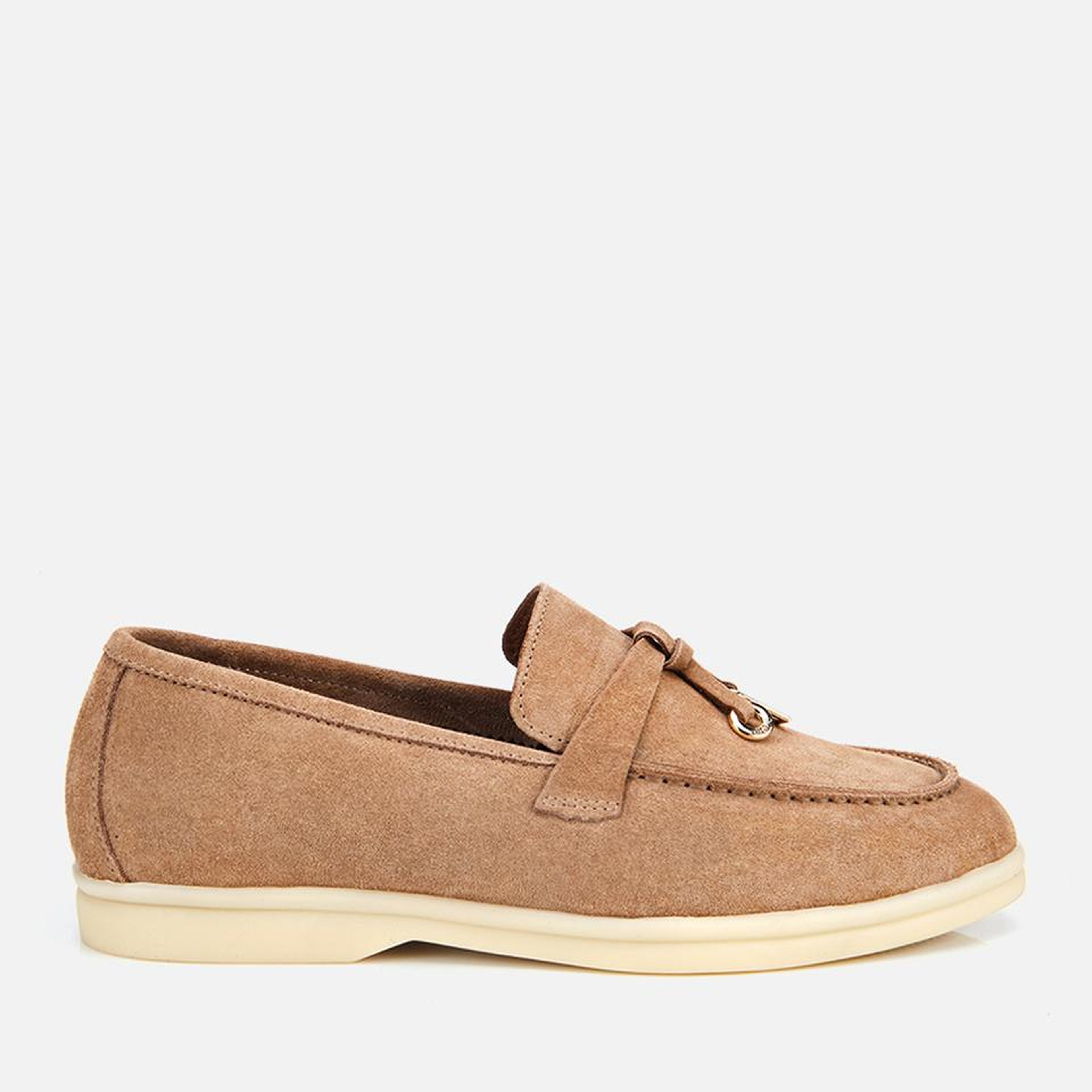 Kadın Süet Deri Bej Gold Aksesuarlı Klasik Loafer