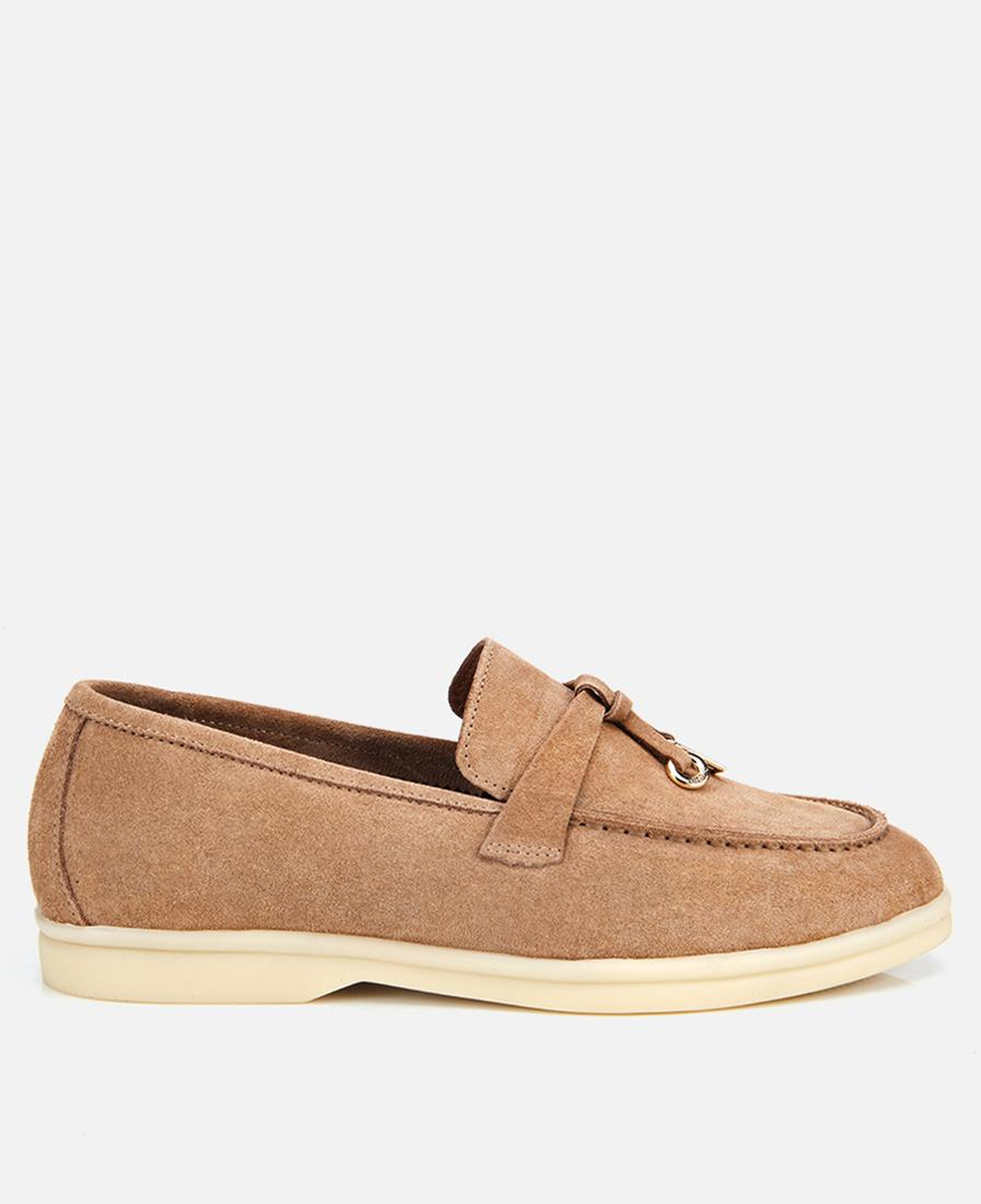 Kadın Süet Deri Bej Gold Aksesuarlı Klasik Loafer