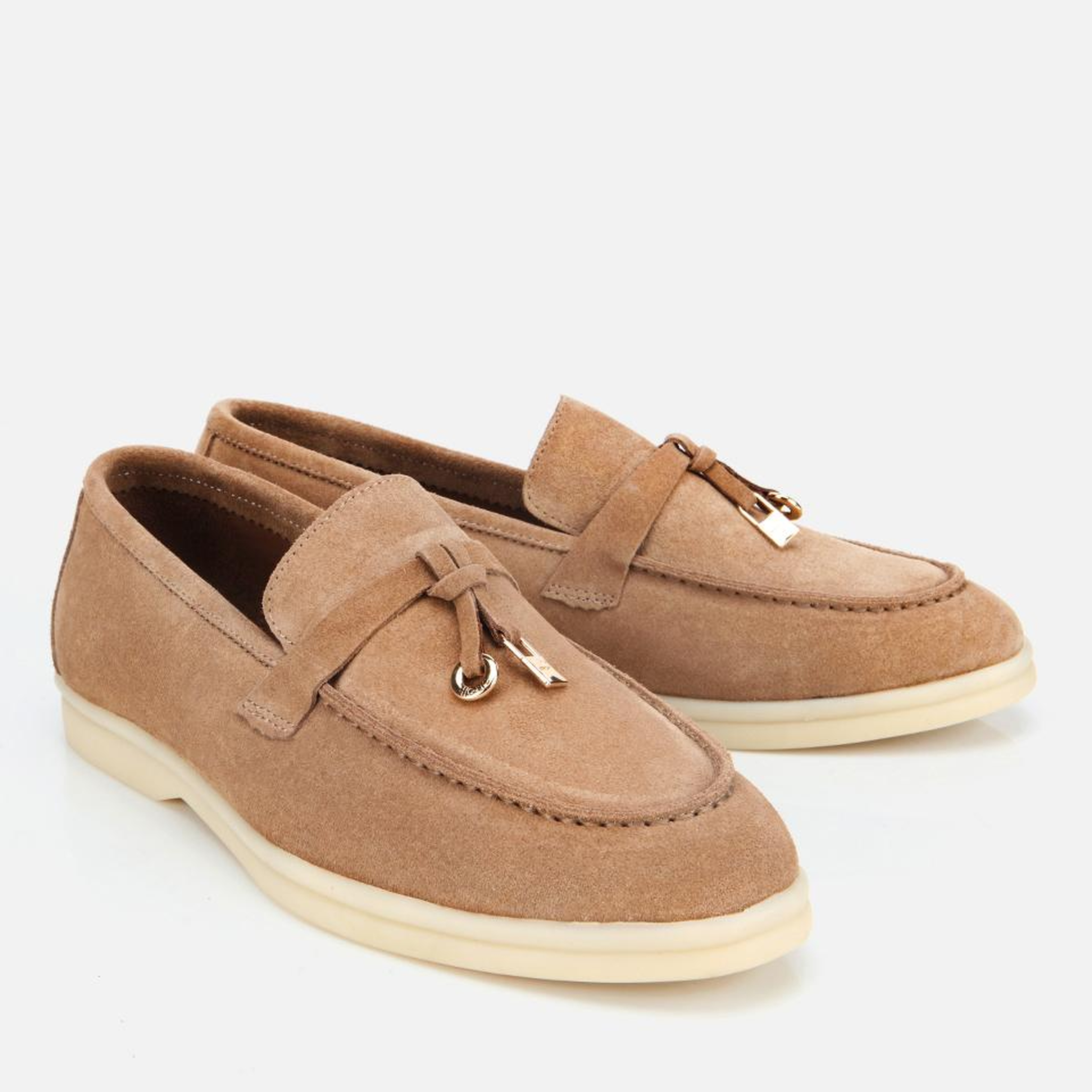 Kadın Süet Deri Bej Gold Aksesuarlı Klasik Loafer