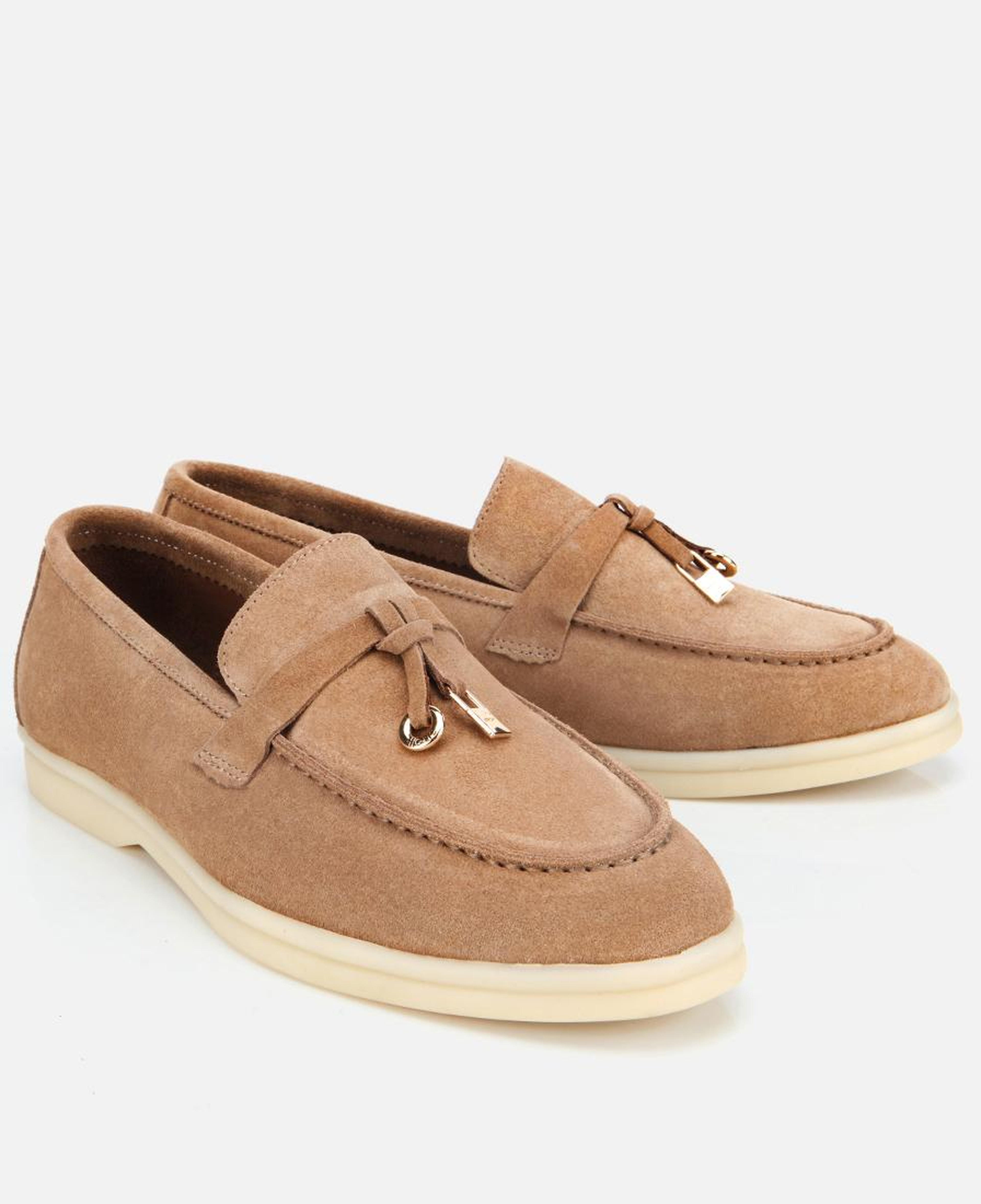Kadın Süet Deri Bej Gold Aksesuarlı Klasik Loafer
