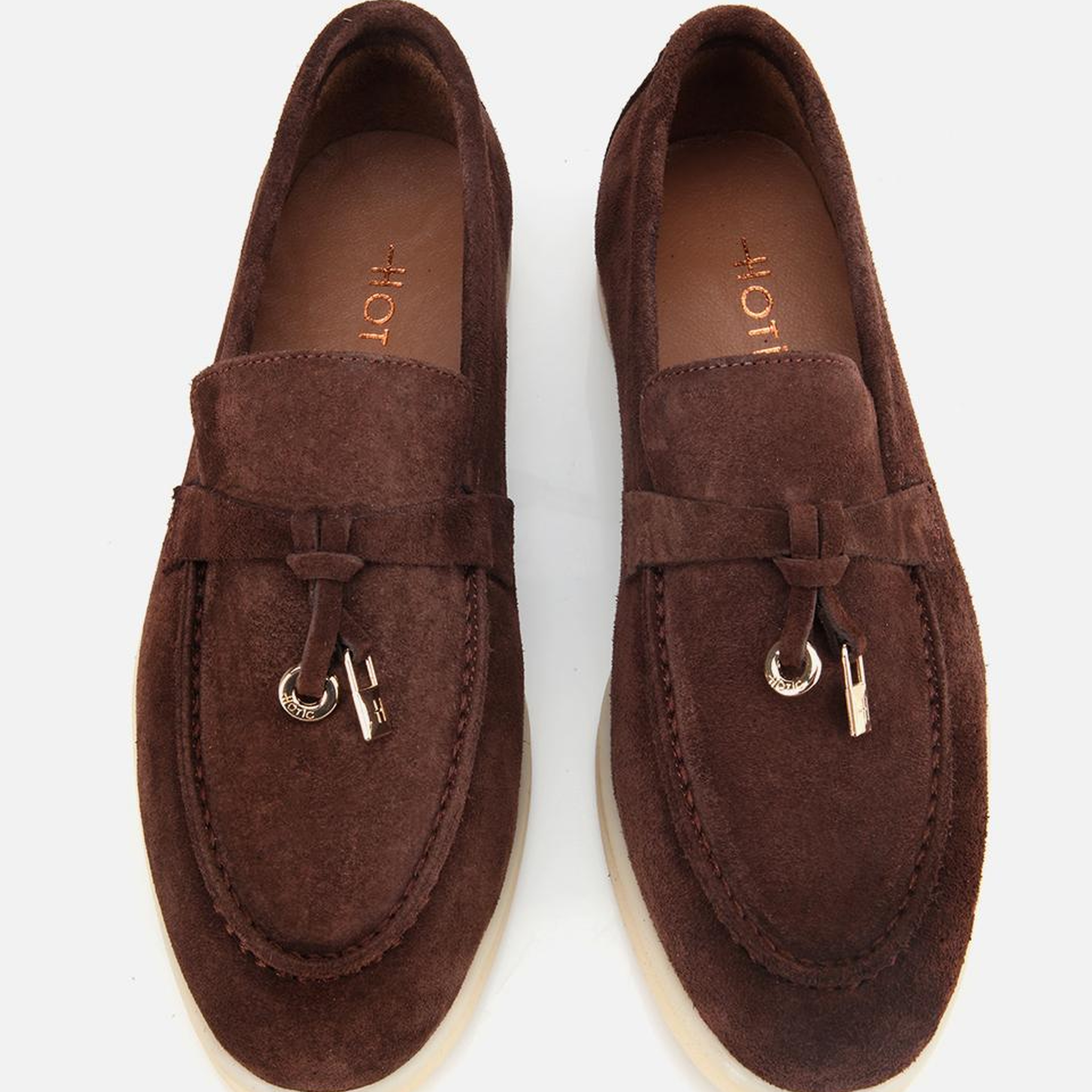 Kadın Süet Deri Kahverengi Gold Aksesuarlı Klasik Loafer