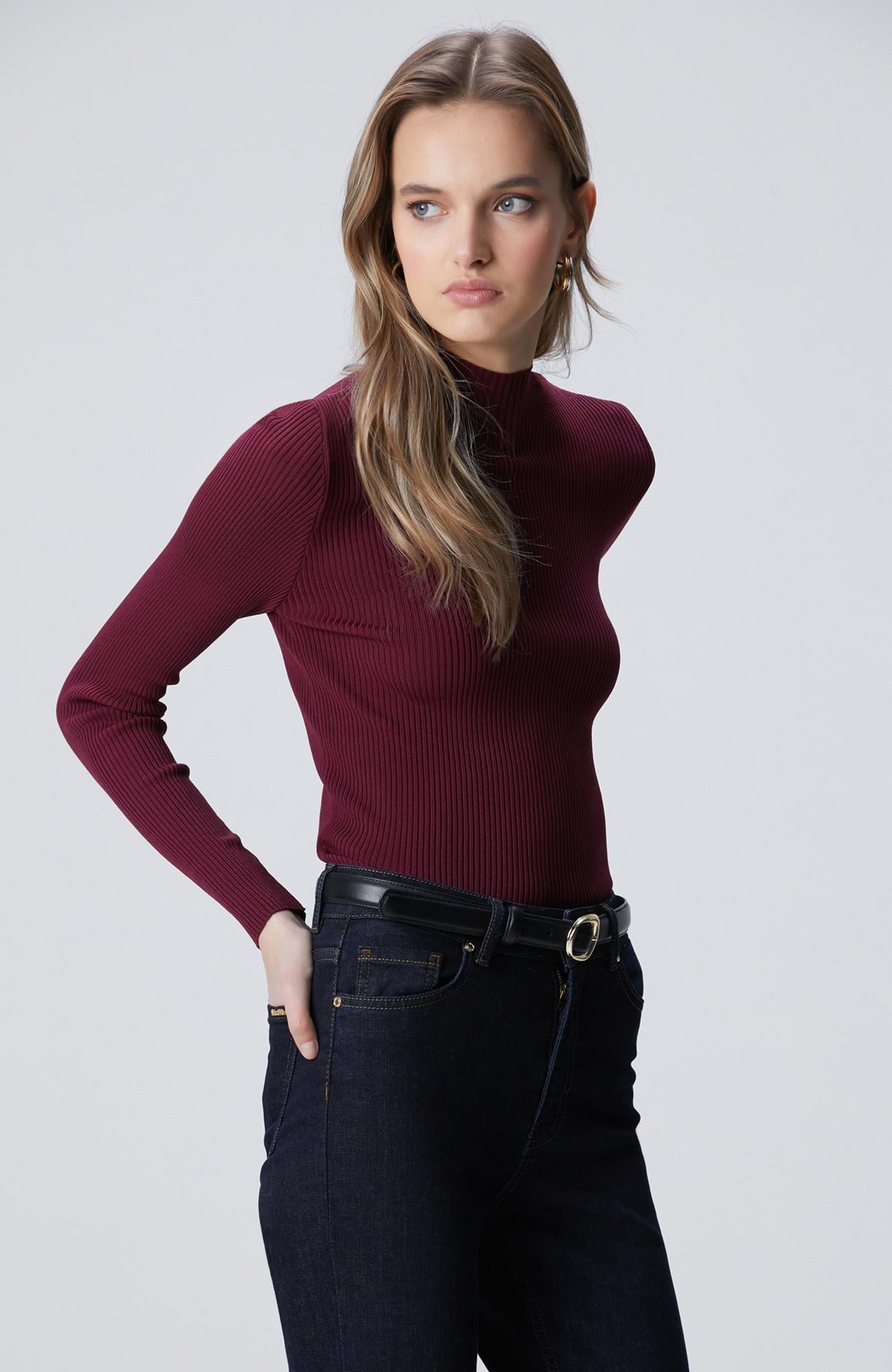 Network Kadın Bordo İnce Ribana Örgü Rayon Basic Kazak