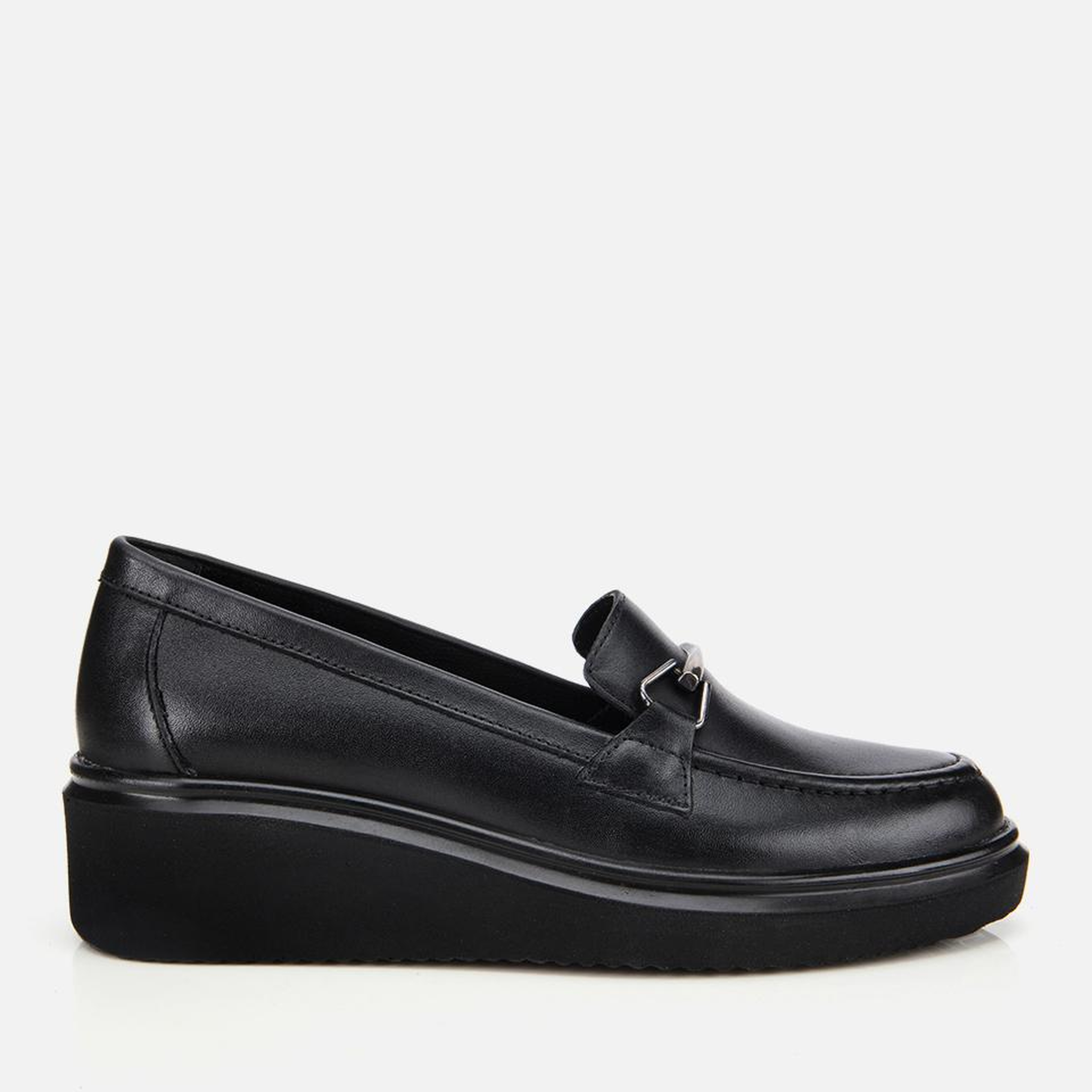 Kadın Deri Siyah Tokalı Dolgu Topuklu Klasik Loafer