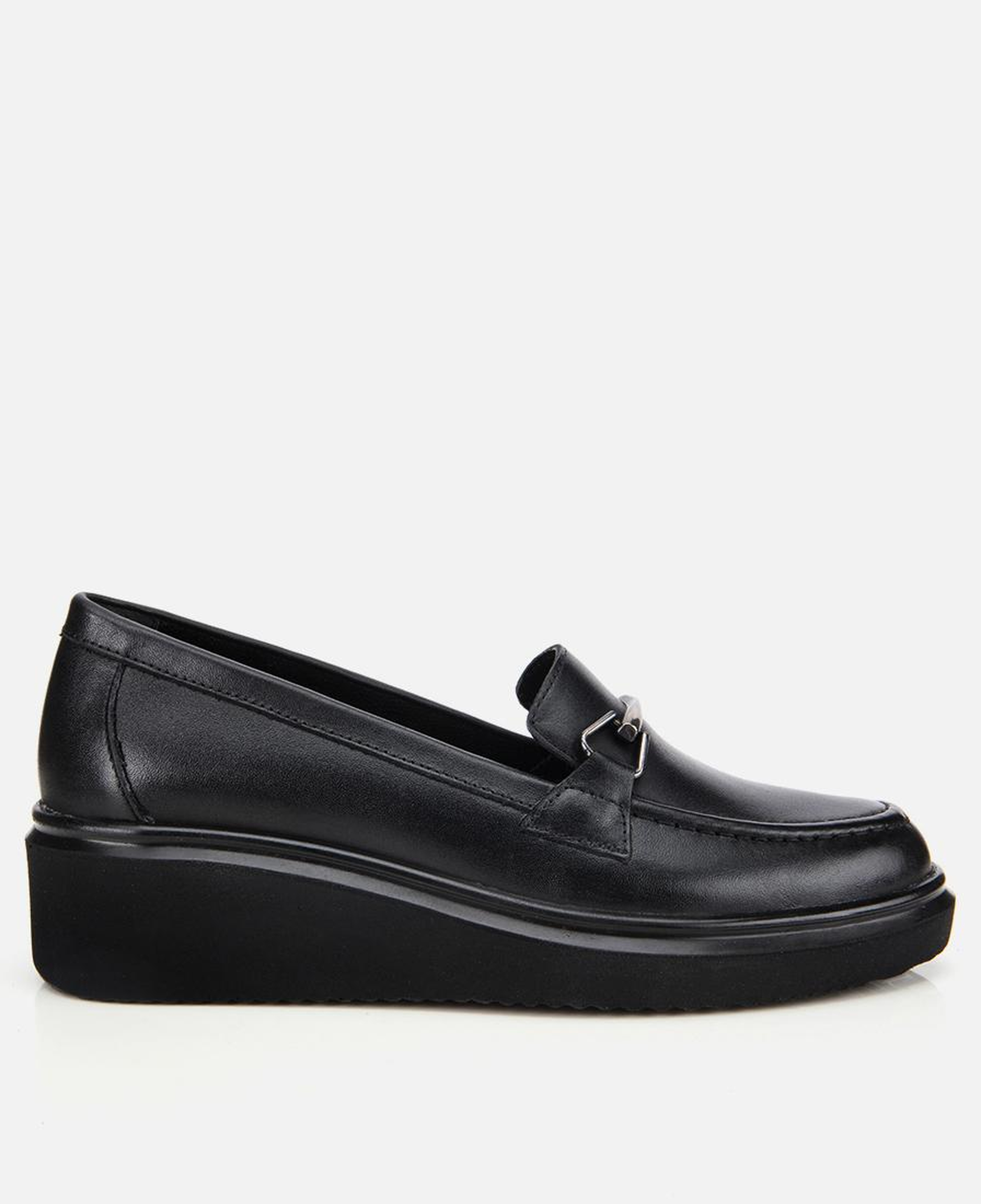 Kadın Deri Siyah Tokalı Dolgu Topuklu Klasik Loafer