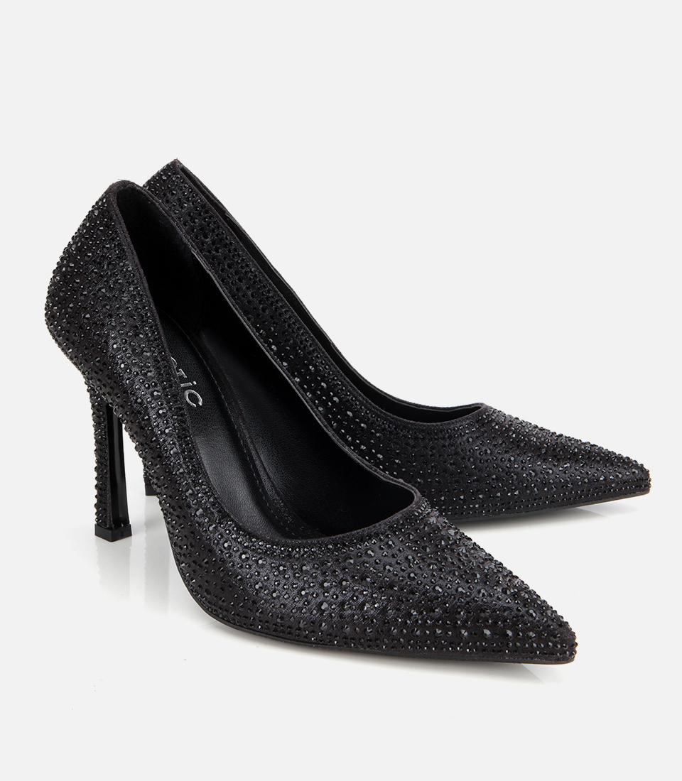 Kadın Siyah Taşlı Yüksek Topuklu Stiletto