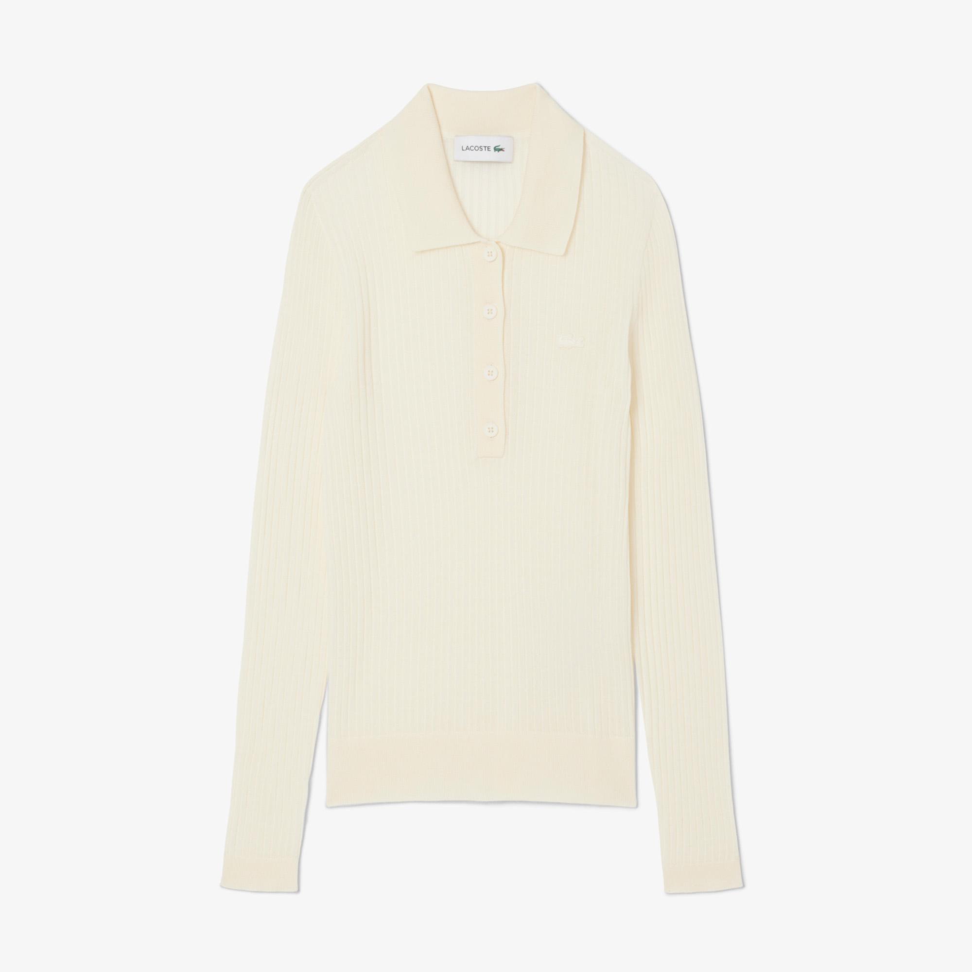 Lacoste Kadın Regular Fit Polo Yaka Krem Kazak