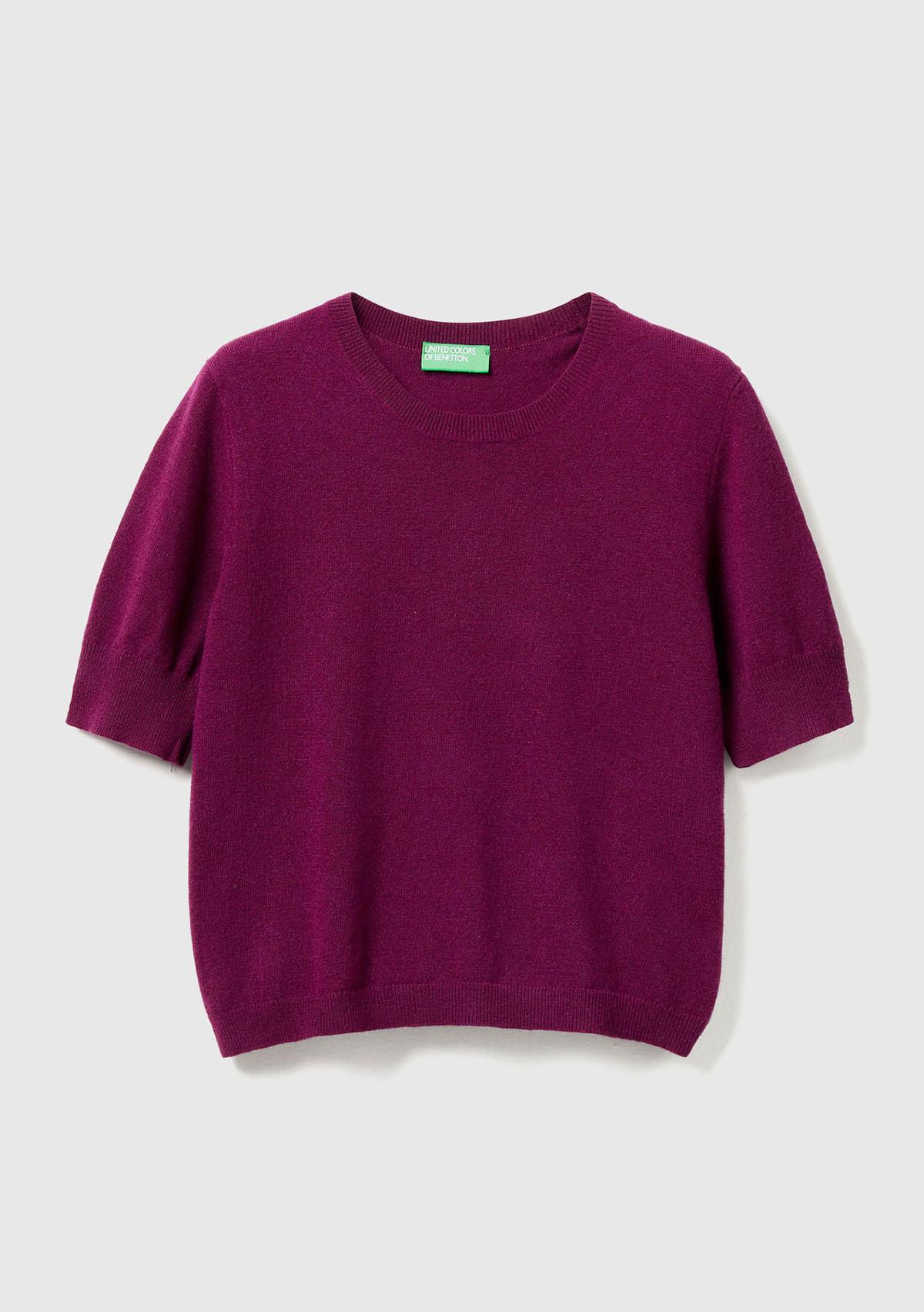 Kadın Mürdüm %100 Merino Bisiklet Yaka  Kısa Kollu Kazak