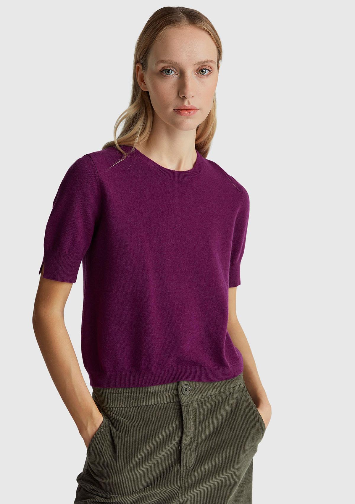 Kadın Mürdüm %100 Merino Bisiklet Yaka  Kısa Kollu Kazak