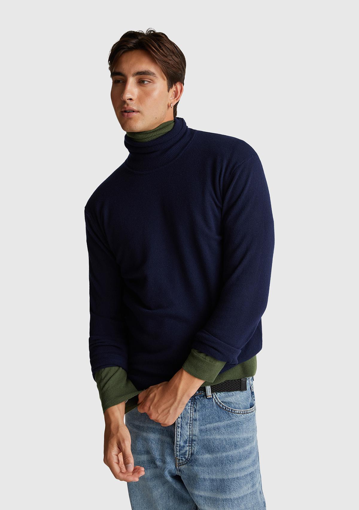 Erkek Lacivert %100 Merino Boğazlı  Kazak