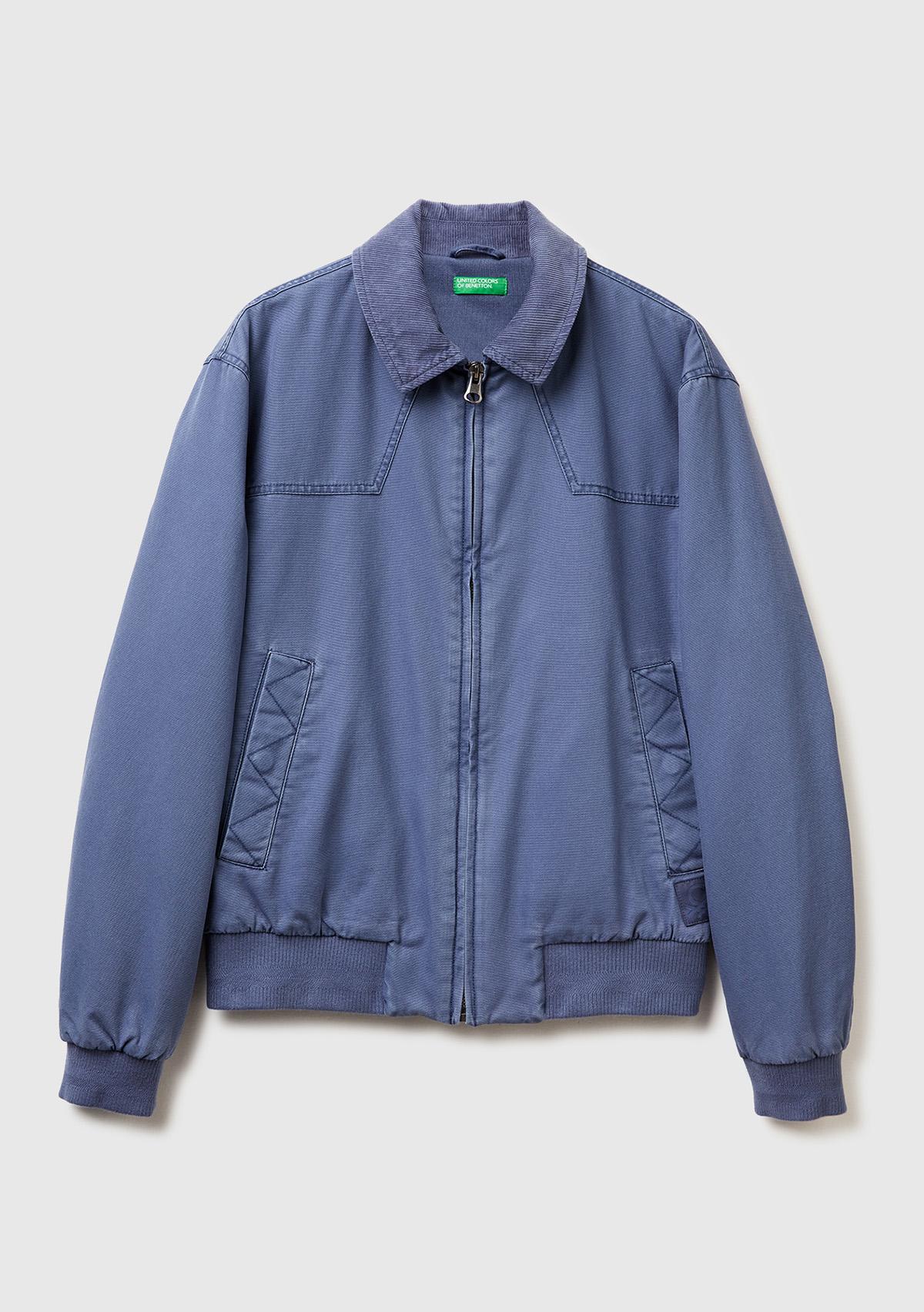 Erkek Açık Mavi %100 Pamuk Ribana Detaylı Fermuarlı Cepli Gömlek Yaka Ceket