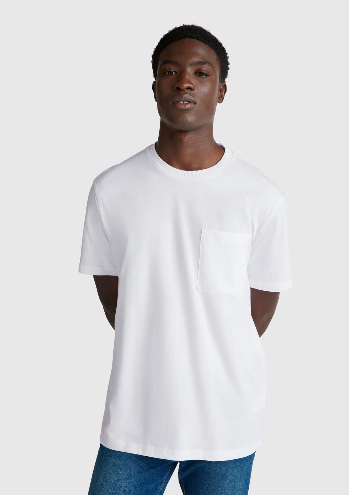 Erkek Beyaz %100 Pamuk Yama Cep Detaylı Oversize T-Shirt
