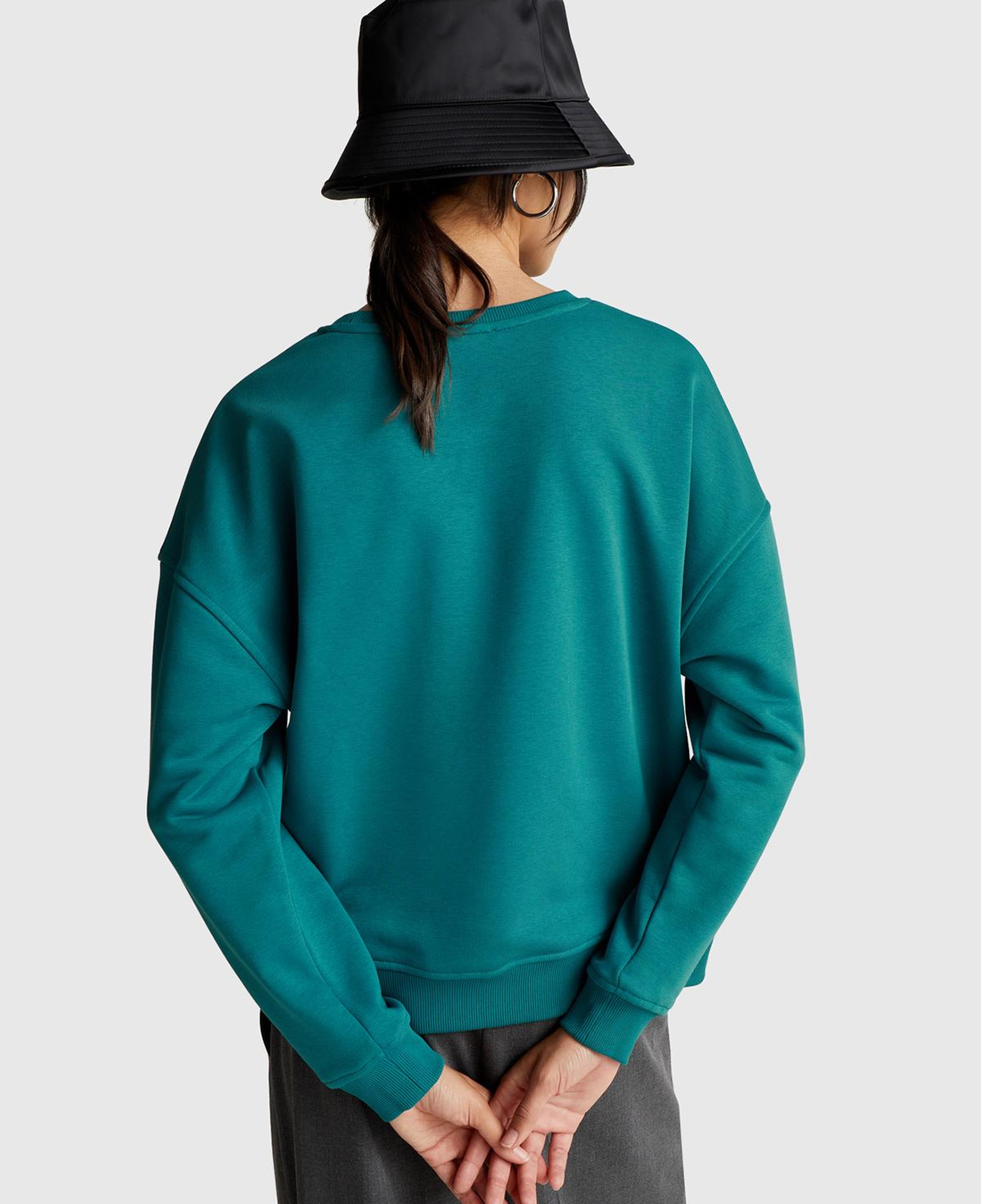 Kadın Koyu Yeşil Koton Karışımlı Çiçek Motifli Sweatshirt