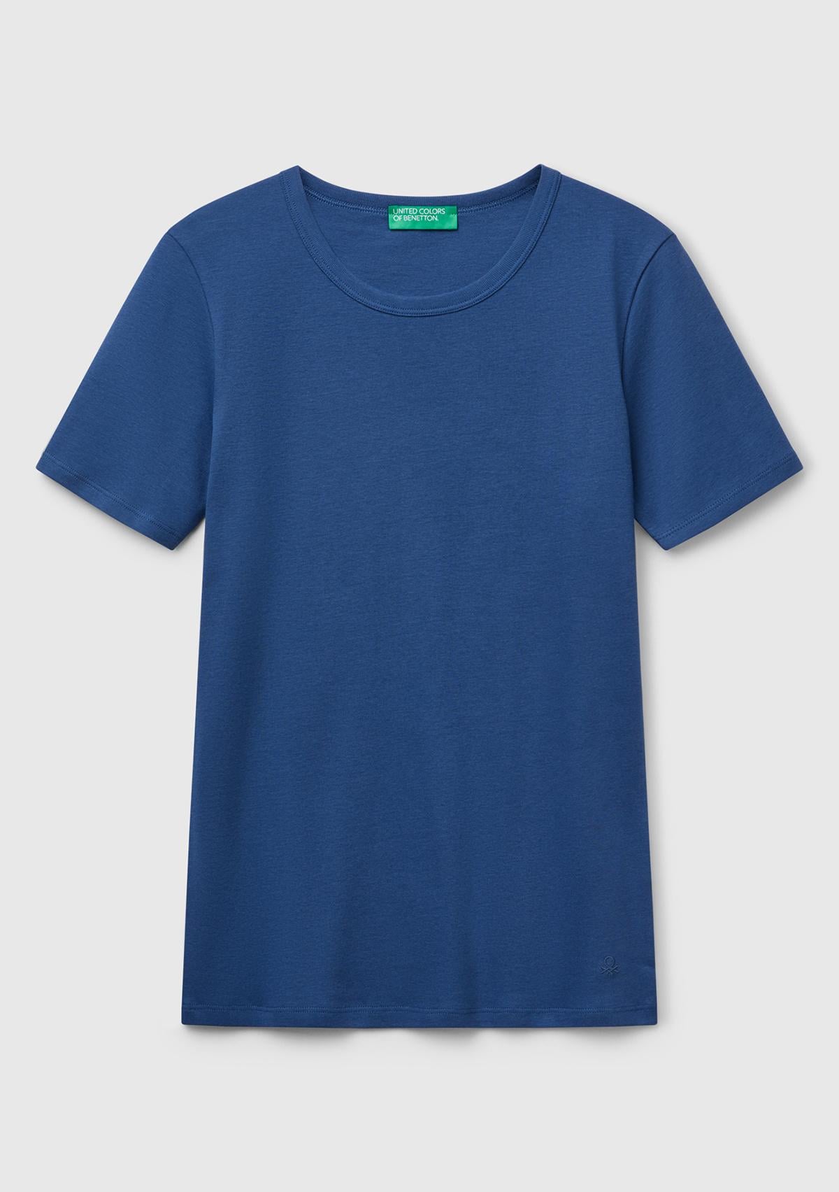 Kadın İndigo Mavisi %100 Koton Basic Kısa Kollu Bisiklet Yaka T-Shirt