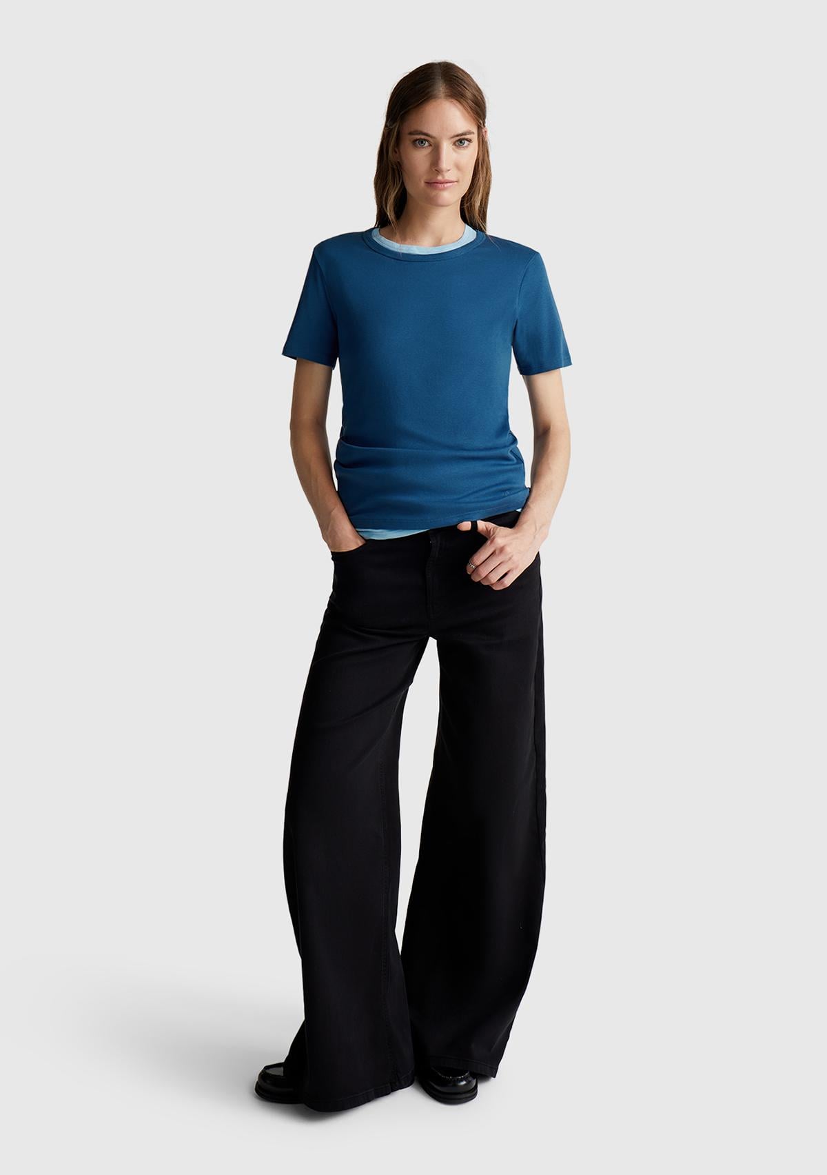 Kadın İndigo Mavisi %100 Koton Basic Kısa Kollu Bisiklet Yaka T-Shirt