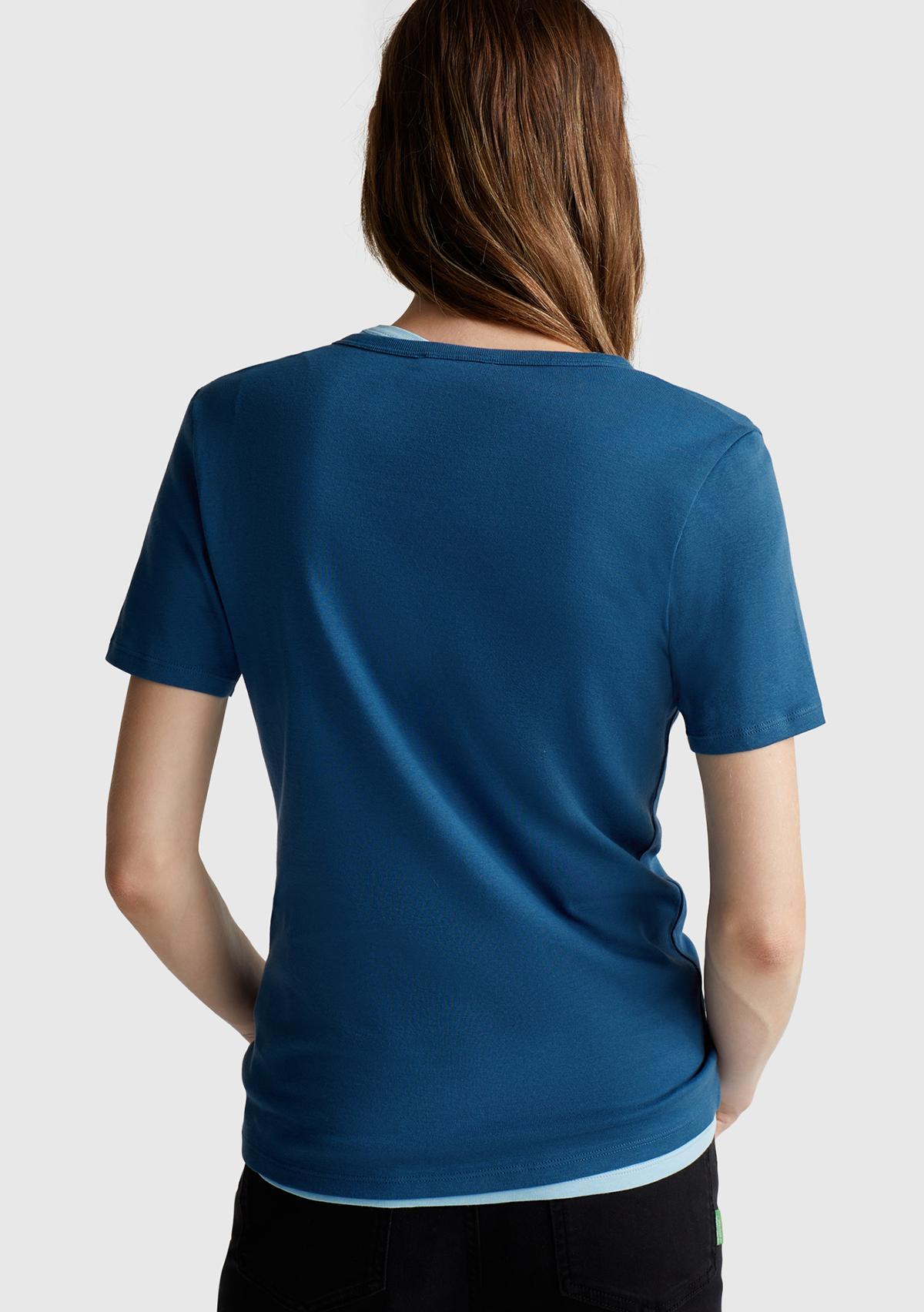 Kadın İndigo Mavisi %100 Koton Basic Kısa Kollu Bisiklet Yaka T-Shirt