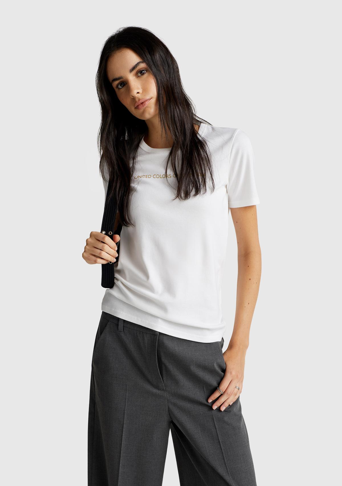 Kadın Beyaz %100 Koton Benetton Yazılı Basic T-Shirt