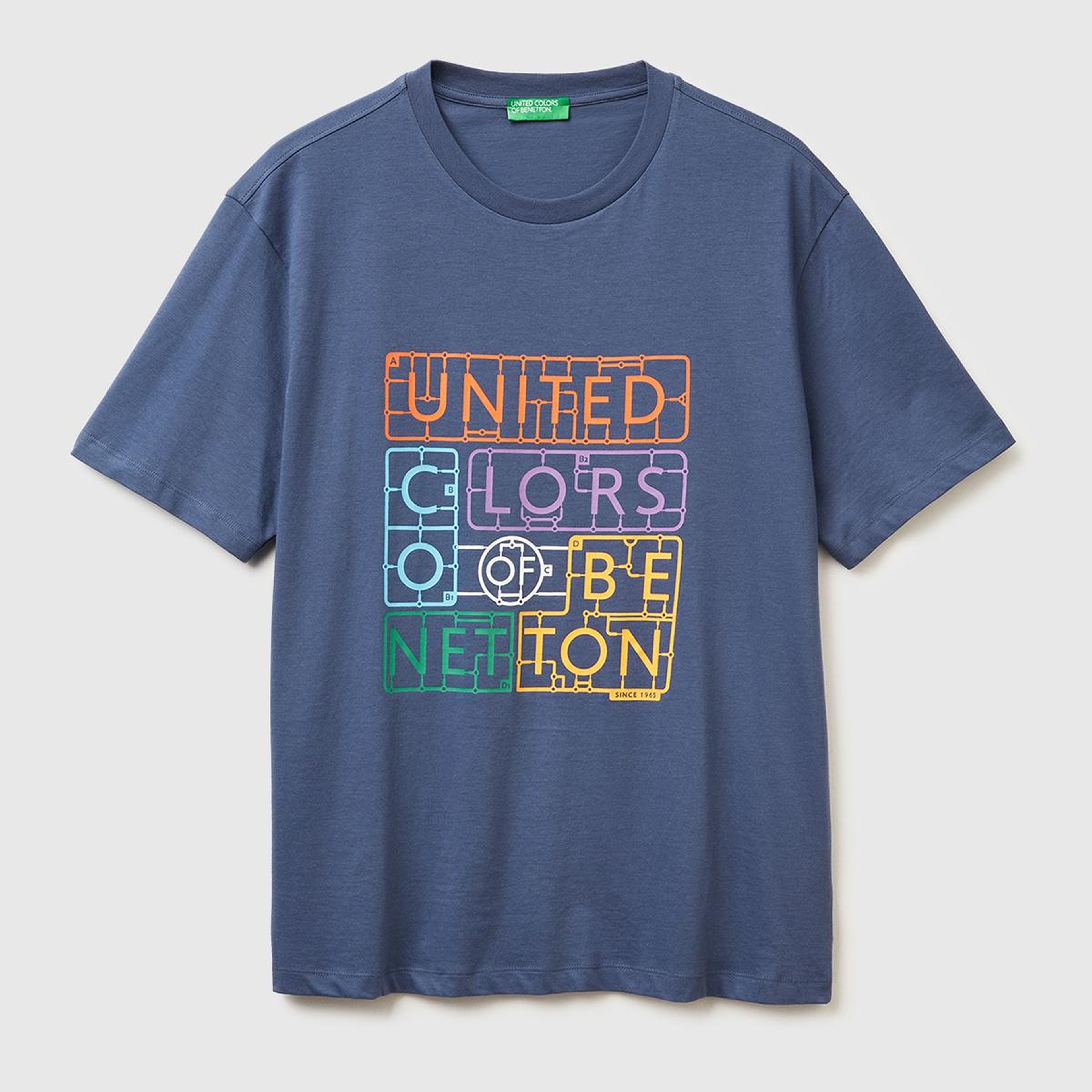 Erkek Havacı Mavi %100 Pamuk Önü Logo Baskılı Relax Fit T-Shirt