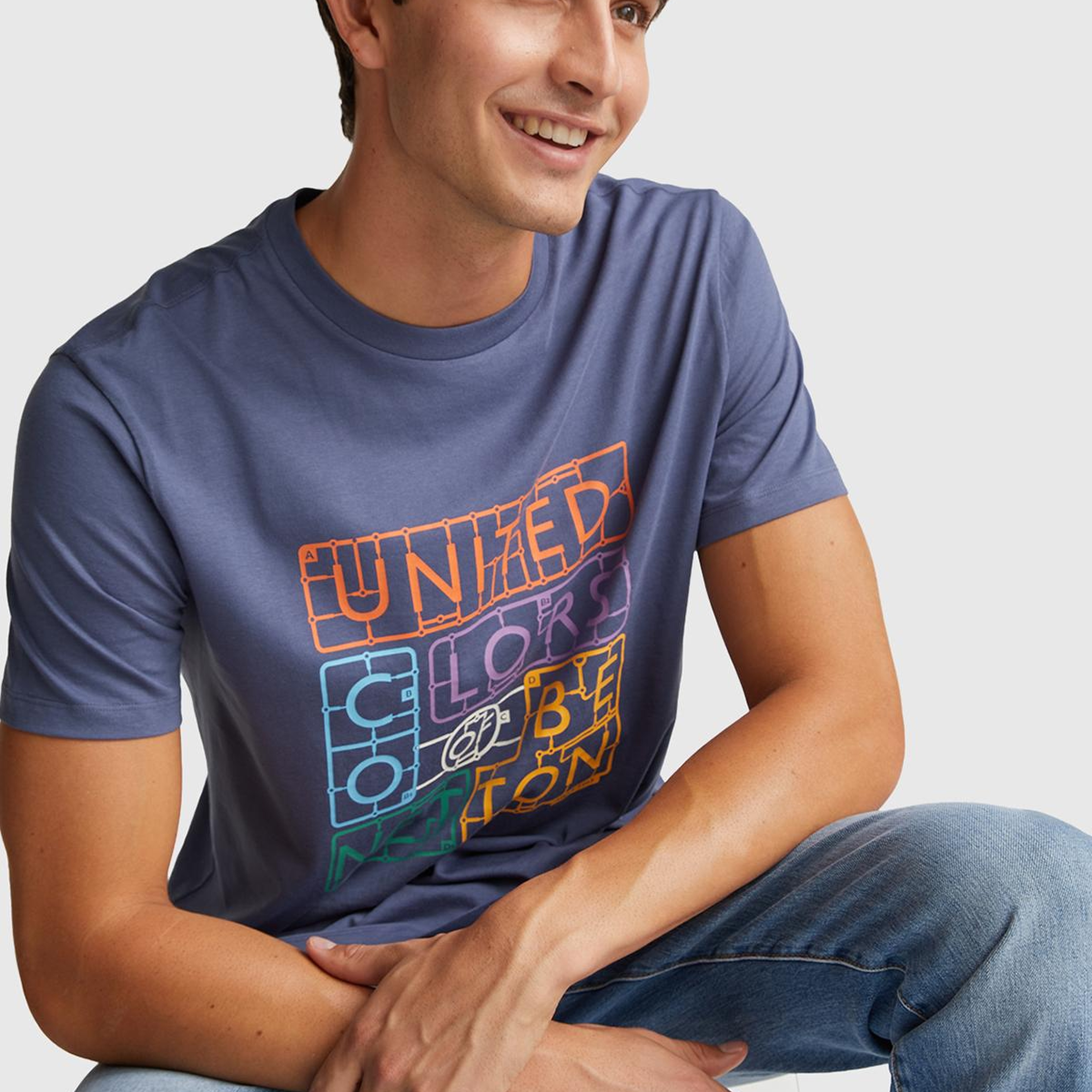 Erkek Havacı Mavi %100 Pamuk Önü Logo Baskılı Relax Fit T-Shirt