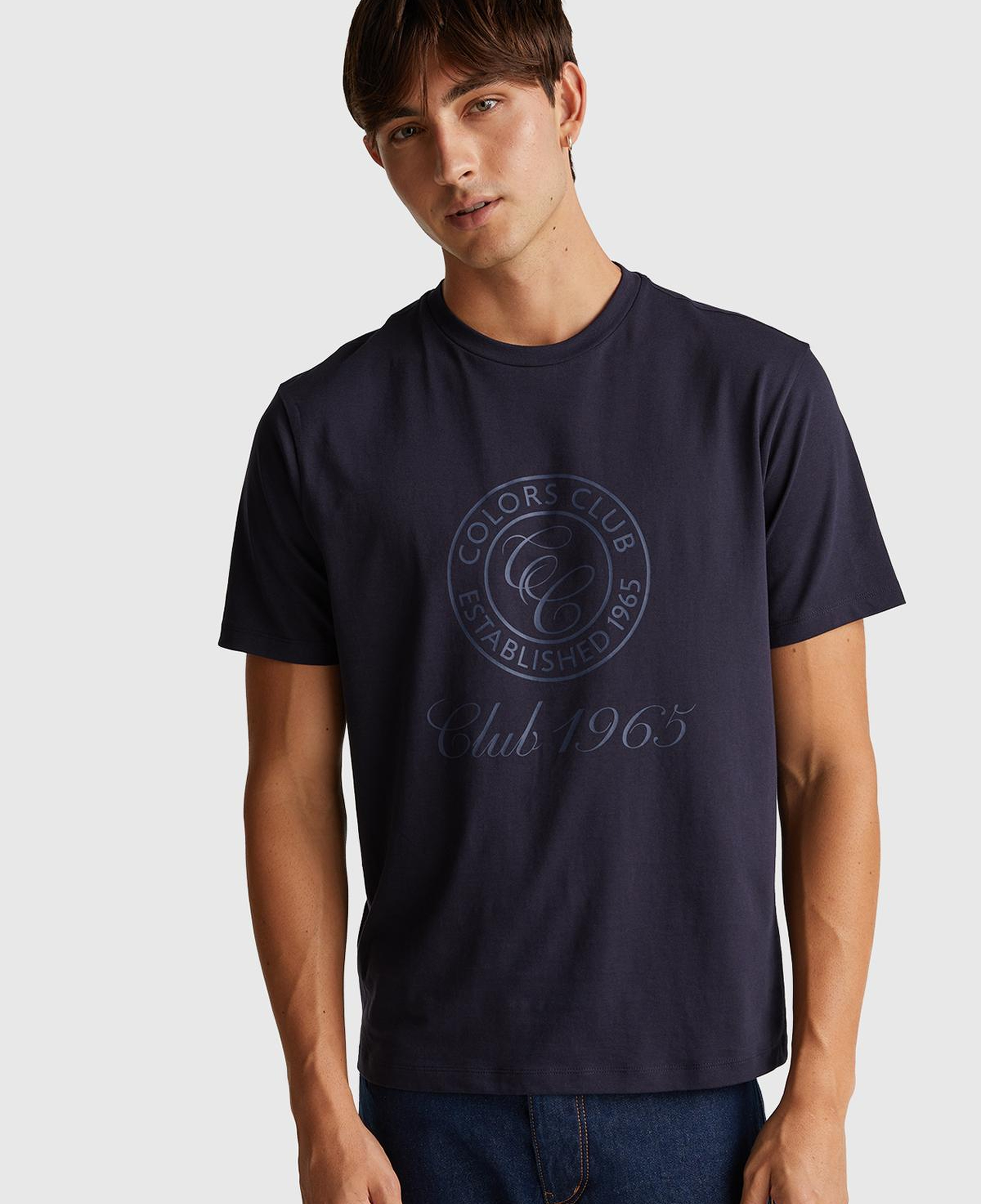 Erkek Lacivert %100 Pamuk Önü Logo Baskılı Relax Fit T-Shirt