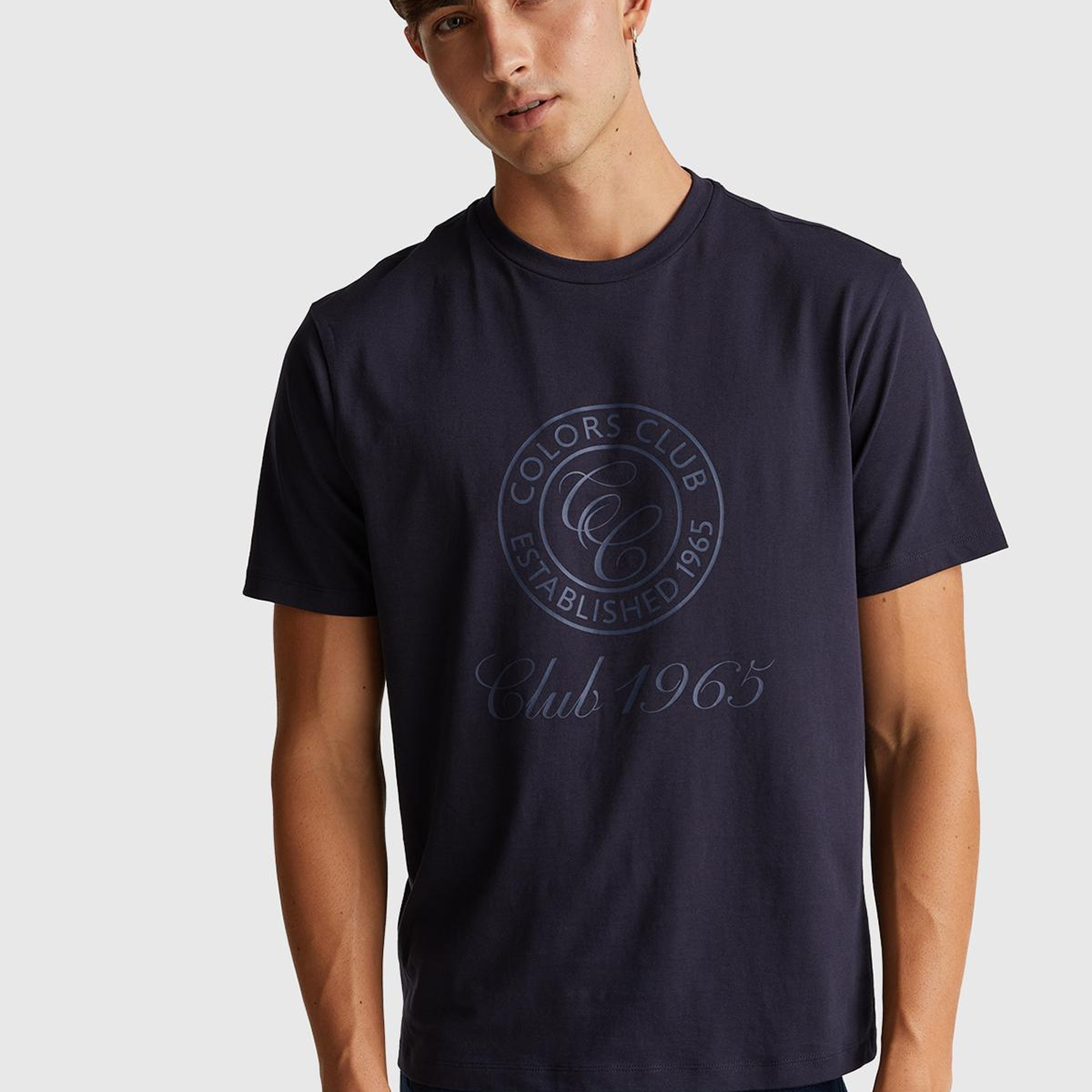 Erkek Lacivert %100 Pamuk Önü Logo Baskılı Relax Fit T-Shirt