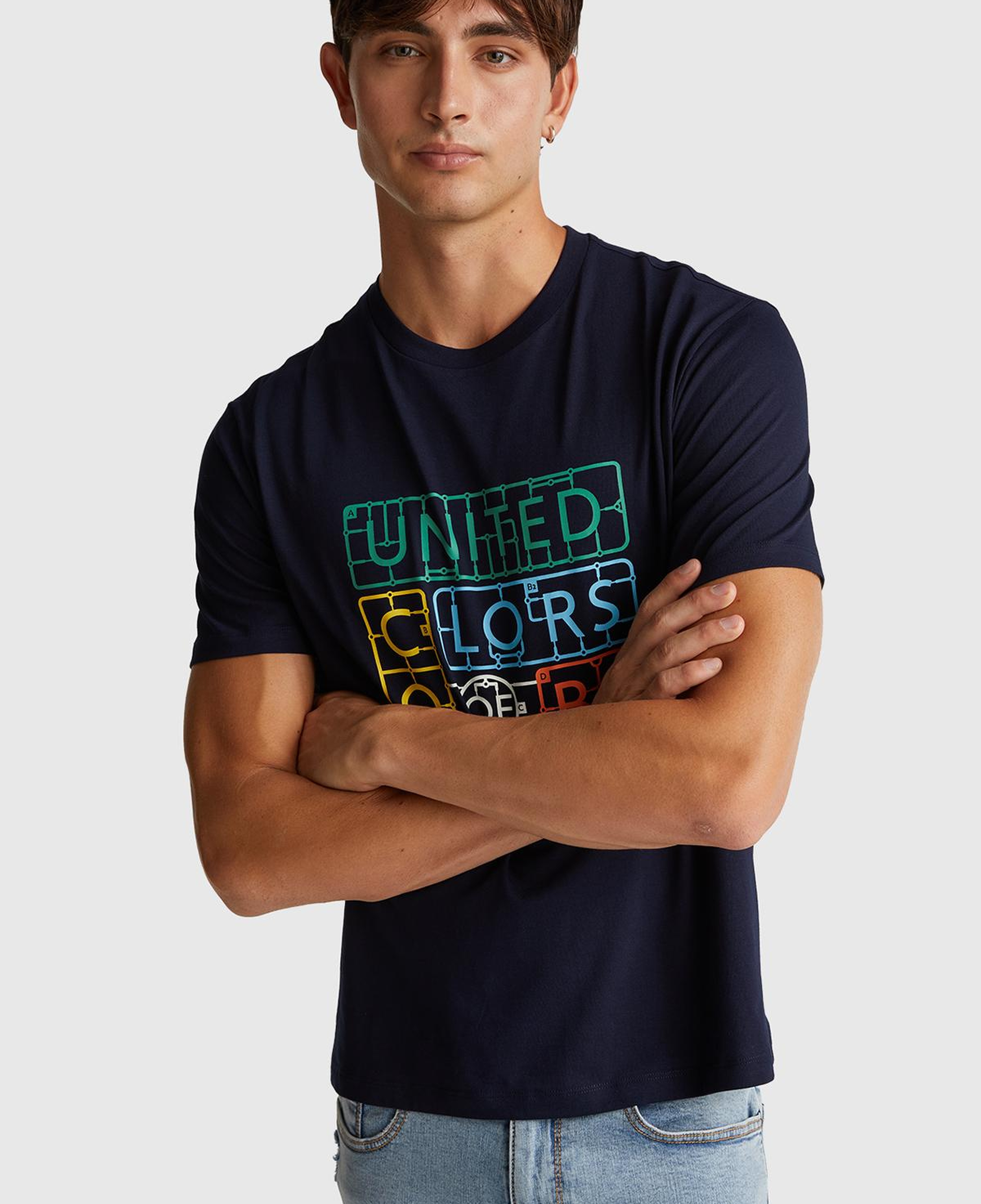 Erkek Lacivert-Renkli Baskılı %100 Pamuk Önü Logo Baskılı Relax Fit T-Shirt