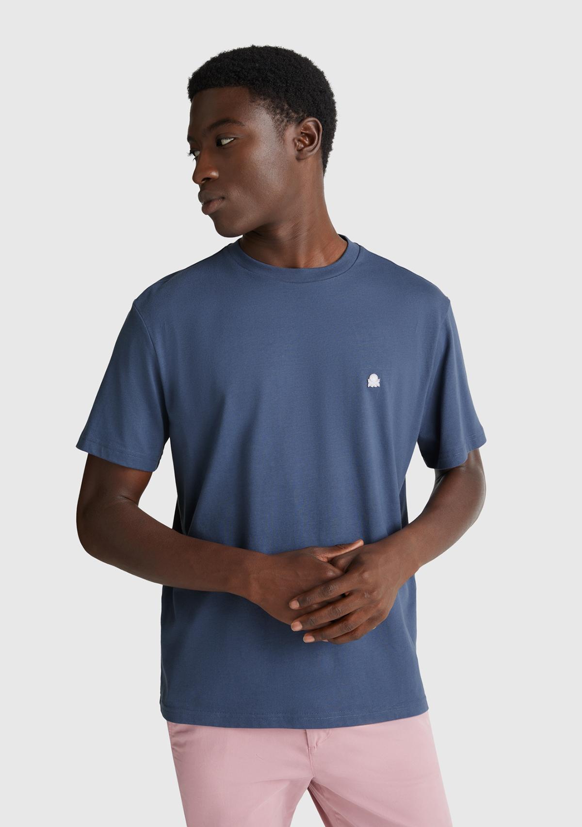 Erkek Havacı Mavi %100 Koton Benetton Logolu Bisiklet Yaka T-Shirt