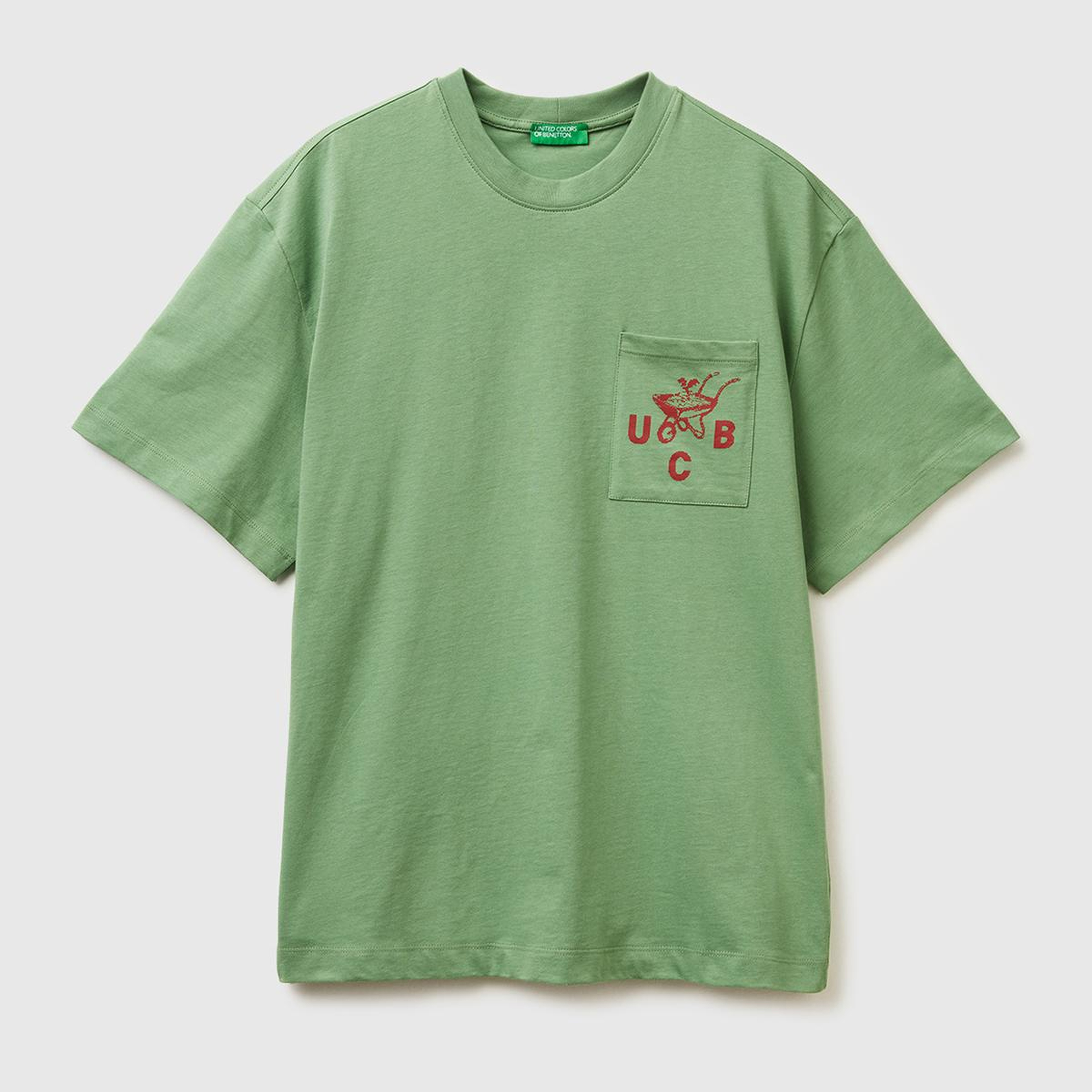 Erkek Haki Yeşilli %100 Pamuk Önü İşleme Detaylı Oversize Bisiklet Yaka T-Shirt