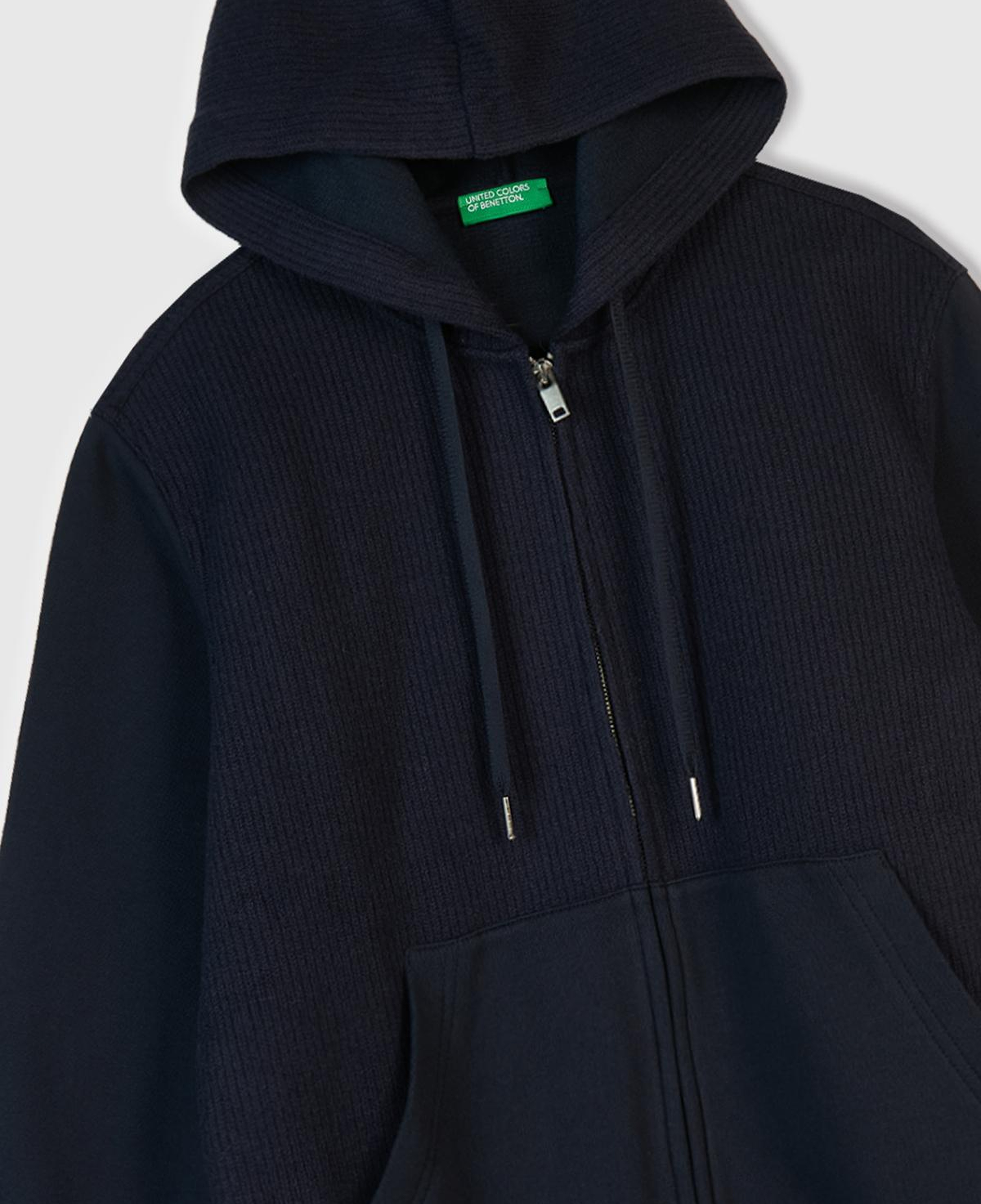 Erkek Lacivert Pamuk ve Yün Karışımlı Cepli Fermuarlı Kapüşonlu Sweatshirt