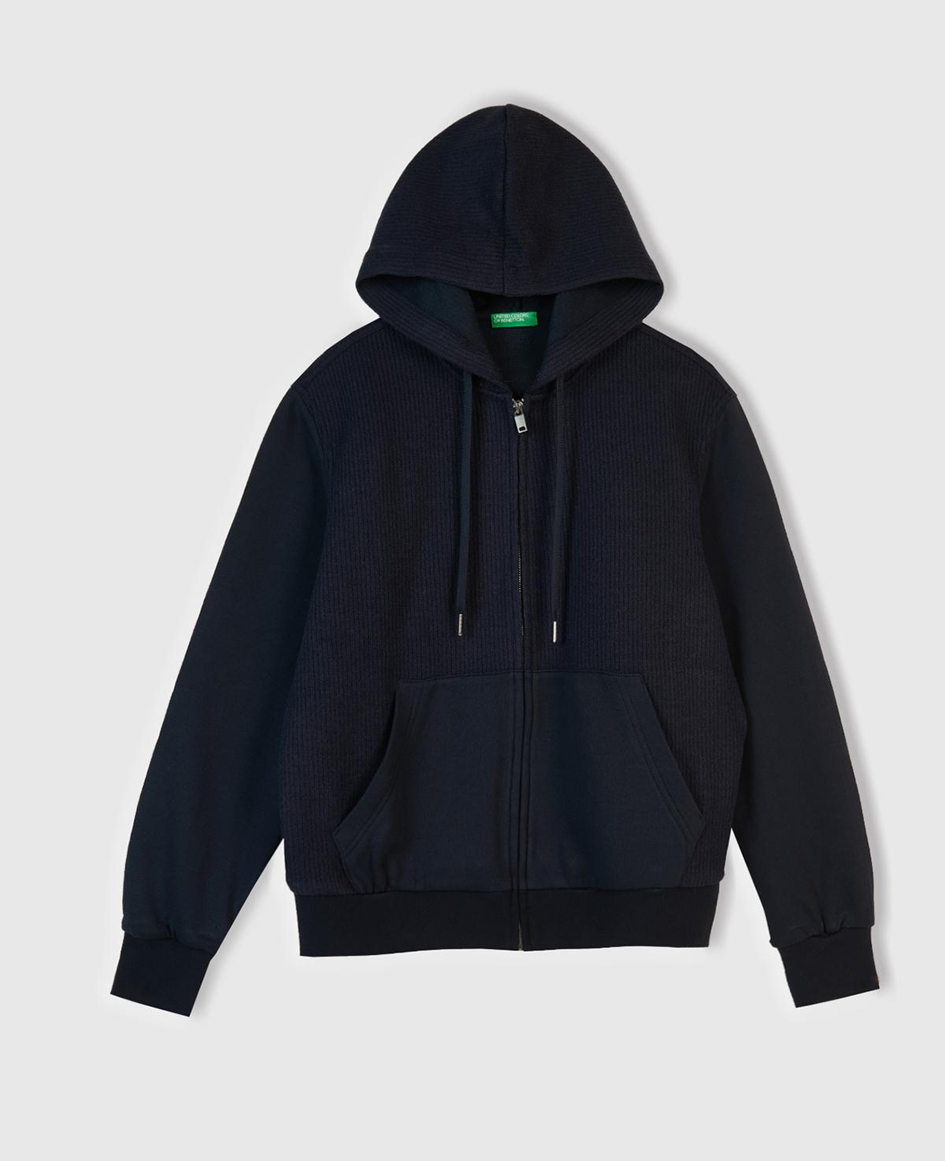 Erkek Lacivert Pamuk ve Yün Karışımlı Cepli Fermuarlı Kapüşonlu Sweatshirt