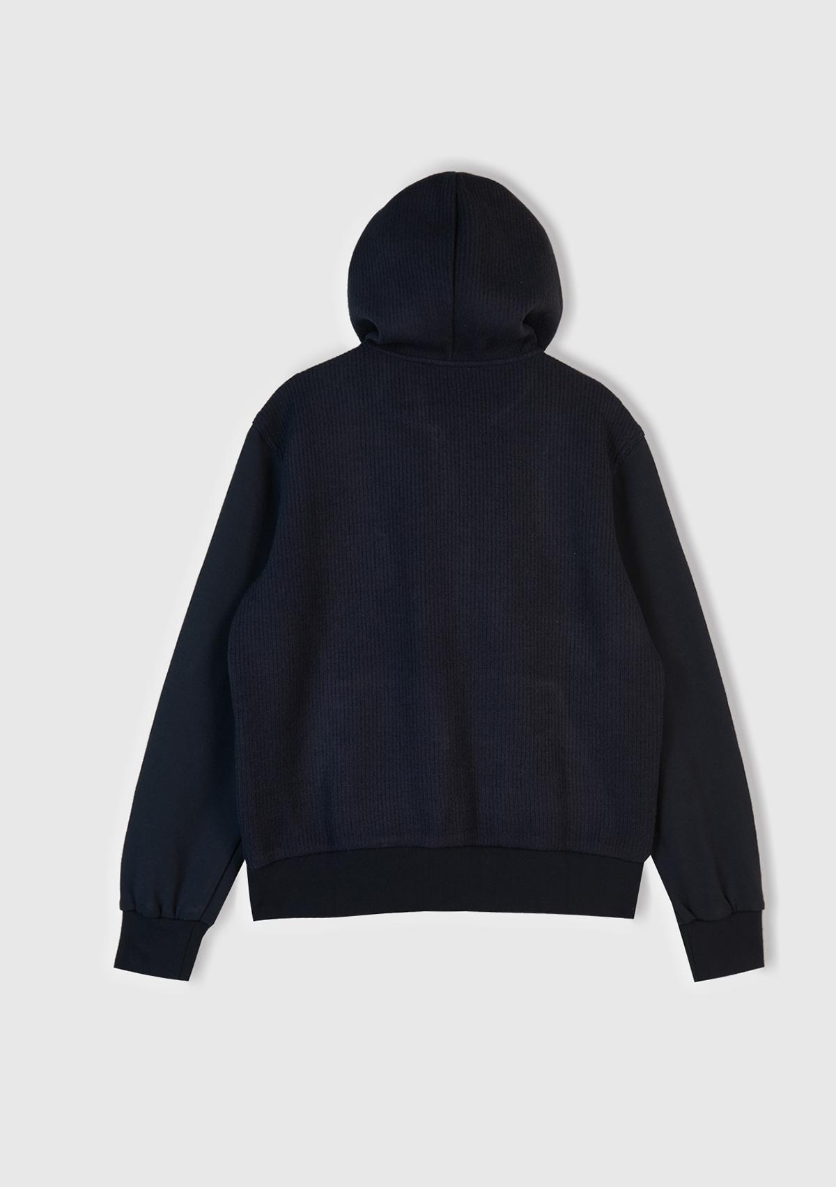 Erkek Lacivert Pamuk ve Yün Karışımlı Cepli Fermuarlı Kapüşonlu Sweatshirt