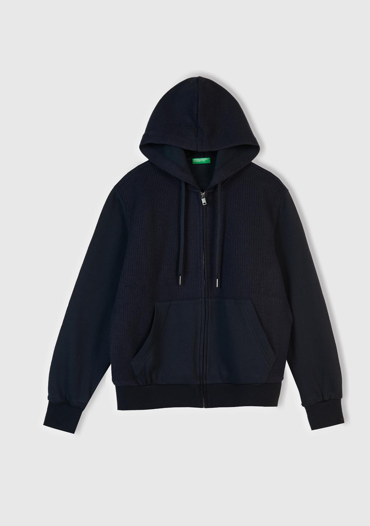 Erkek Lacivert Pamuk ve Yün Karışımlı Cepli Fermuarlı Kapüşonlu Sweatshirt