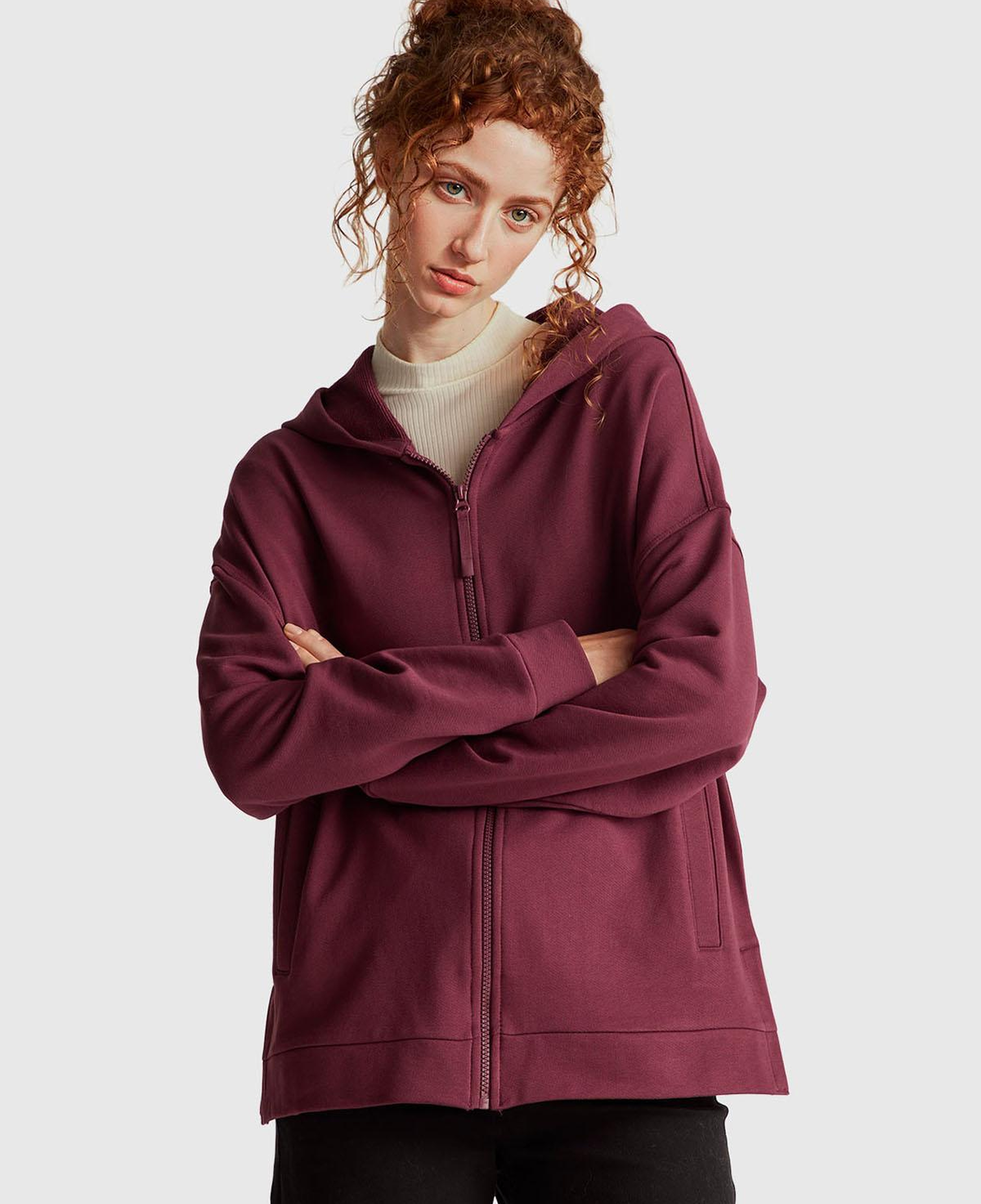 Kadın Mürdüm Logo Baskı Detaylı Kapüşonlu Relax Fit Sweatshirt