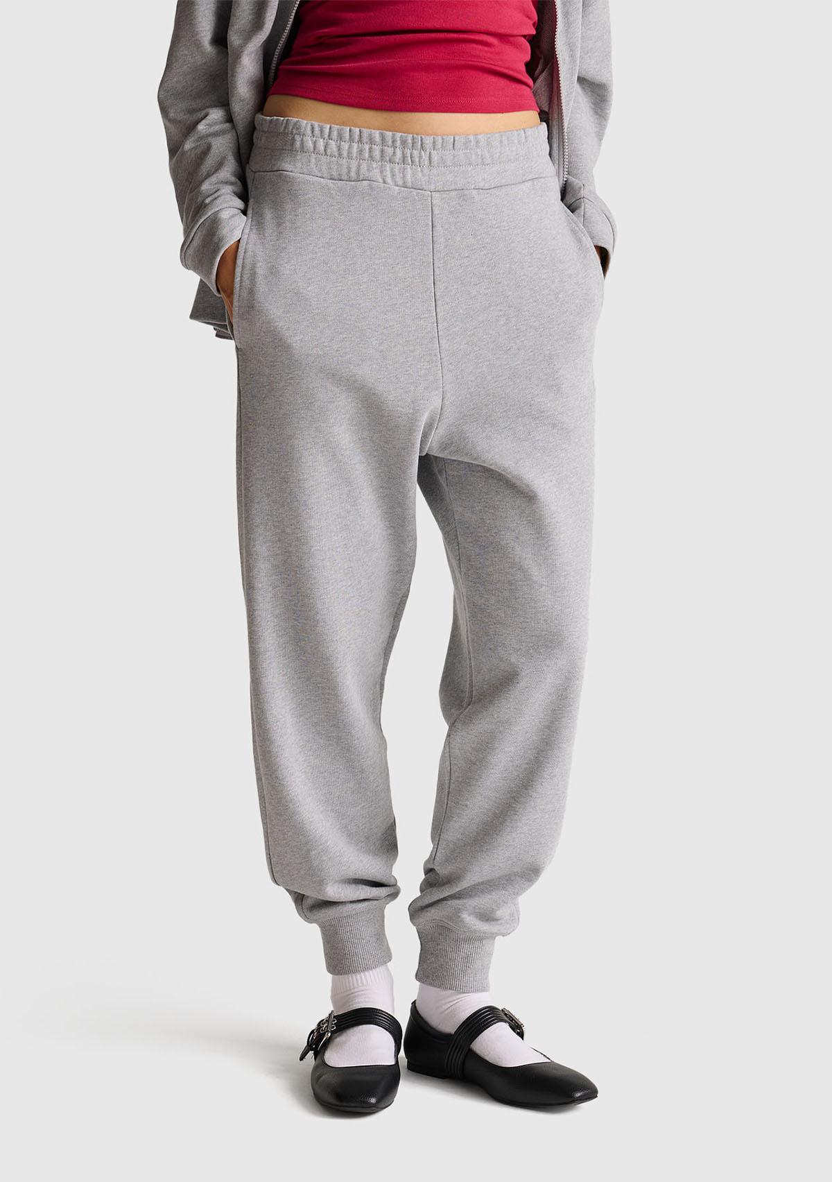 Kadın Gri Melanj %100 Pamuk Manşetli Beli Lastikli Regular Fit Eşofman Altı