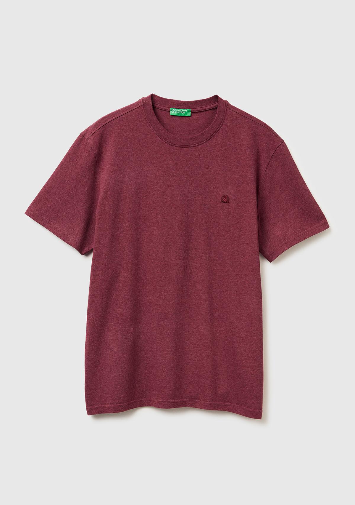 Erkek Bordo %100 Pamuk Logo İşlemeli Bisiklet Yaka T-Shirt