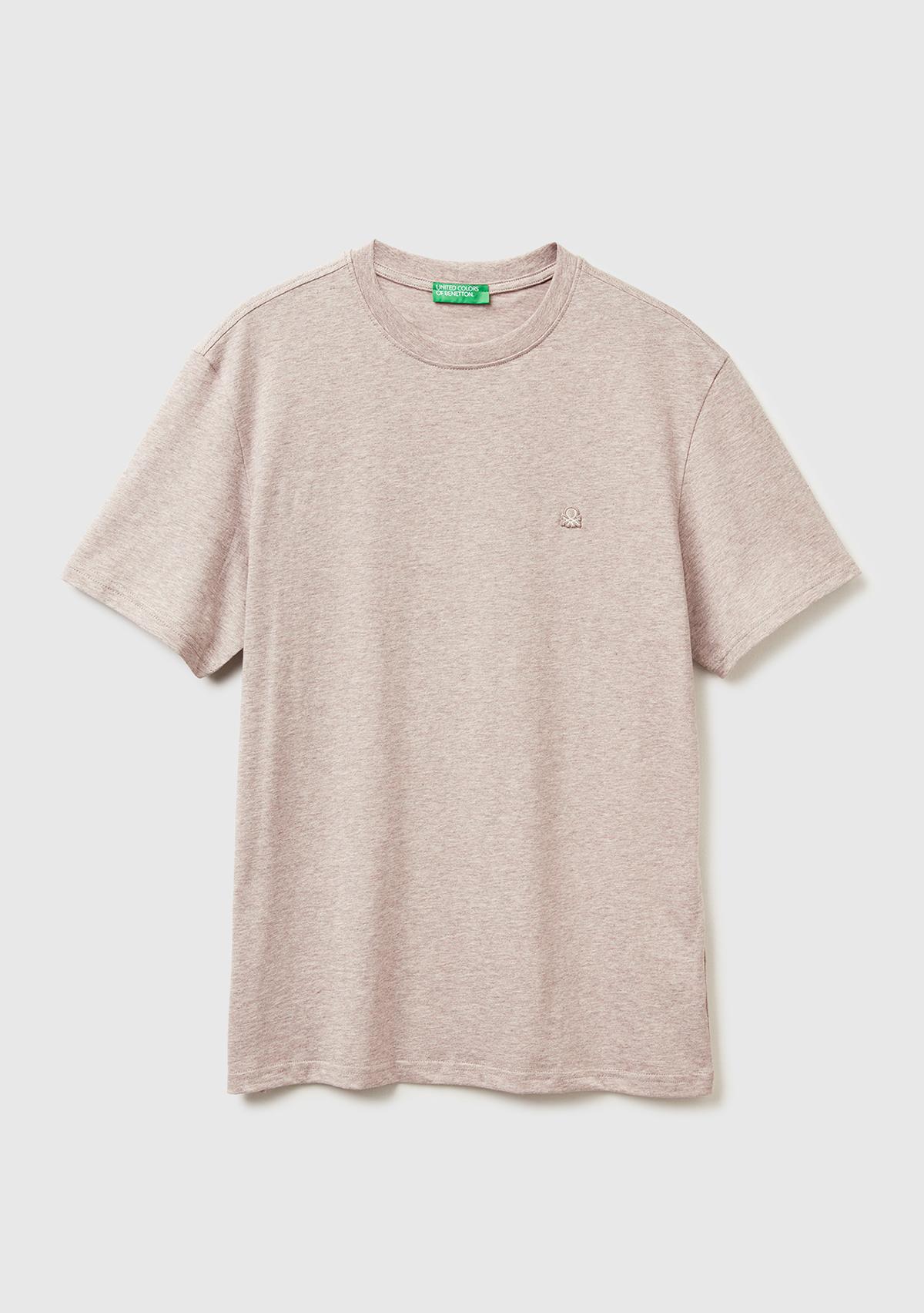 Erkek Gri %100 Pamuk Logo İşlemeli Bisiklet Yaka T-Shirt
