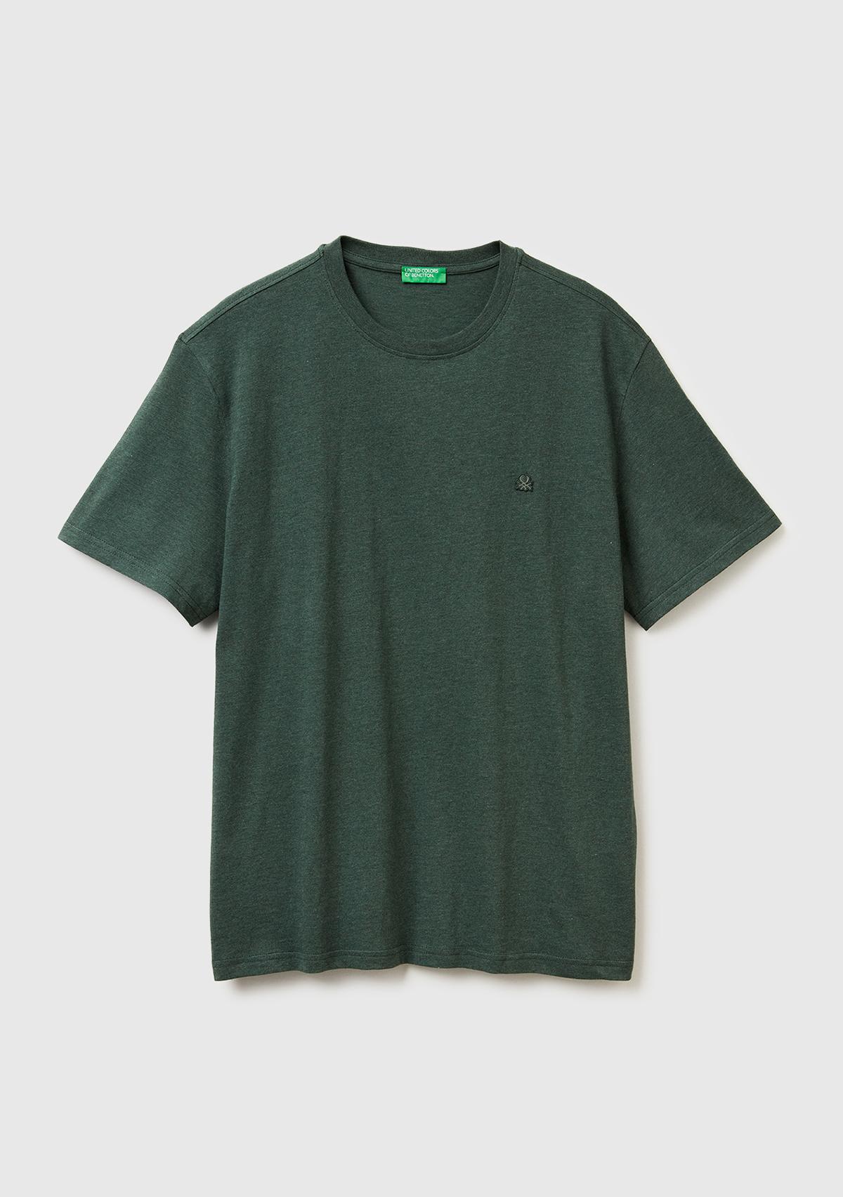 Erkek Yeşil %100 Pamuk Logo İşlemeli Bisiklet Yaka T-Shirt