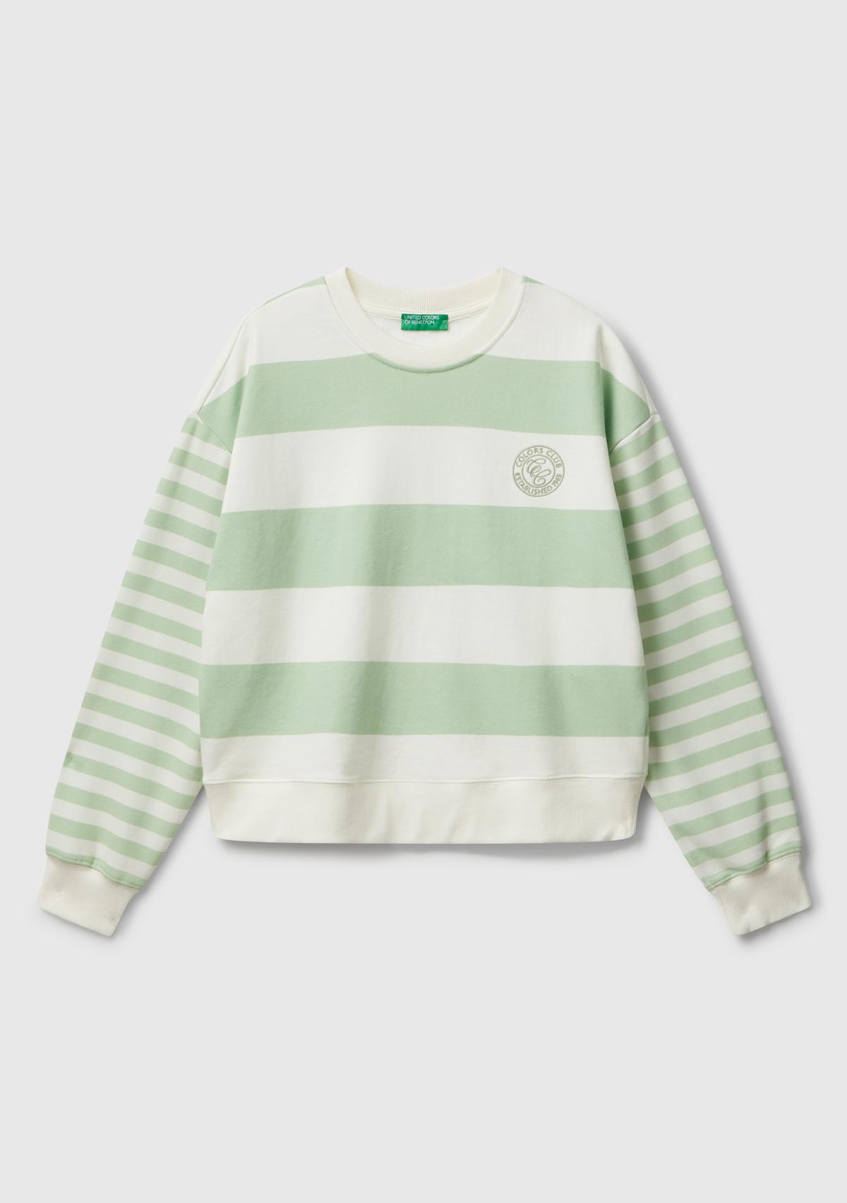 Kadın Açık Yeşil  Pamuk Karışımlı Göğsü Logo Baskılı Renk Bloklu Sweatshirt