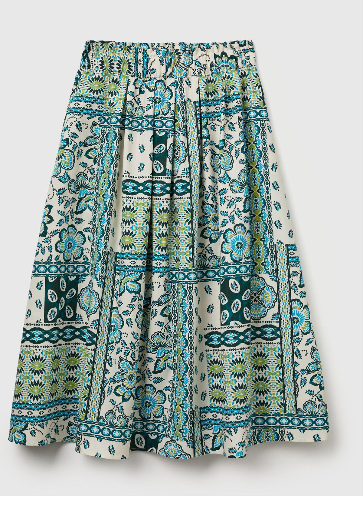 Kadın Açık Yeşil %100 Pamuk Desenli Beli Lastikli Cepli Poplin Etek