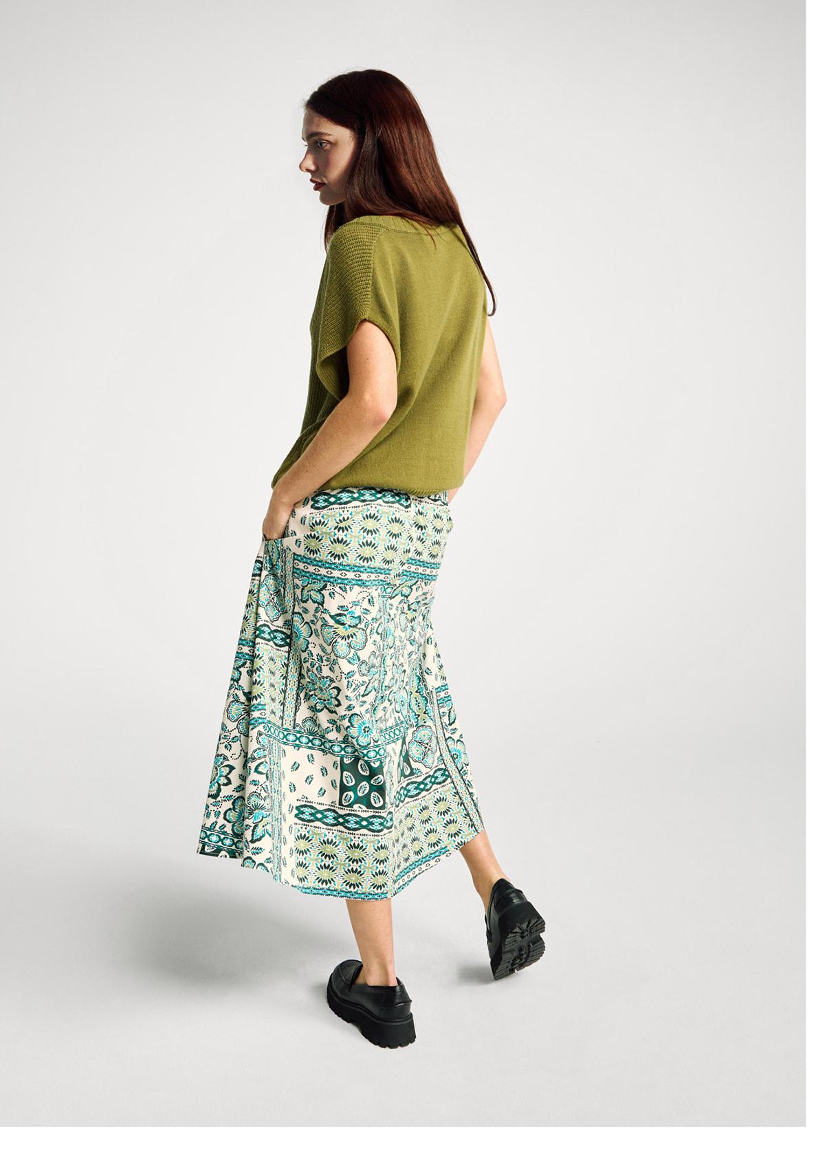 Kadın Açık Yeşil %100 Pamuk Desenli Beli Lastikli Cepli Poplin Etek