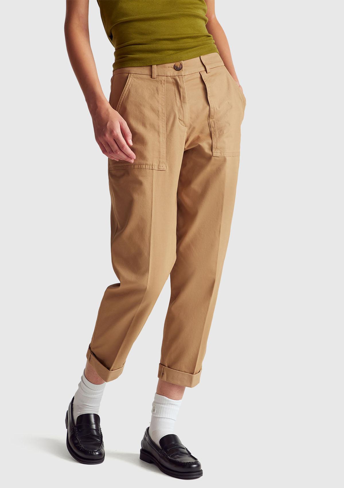 Kadın Taba Pamuk Karışımlı Önü Dikiş Detaylı Paçası Kıvrık Pantolon