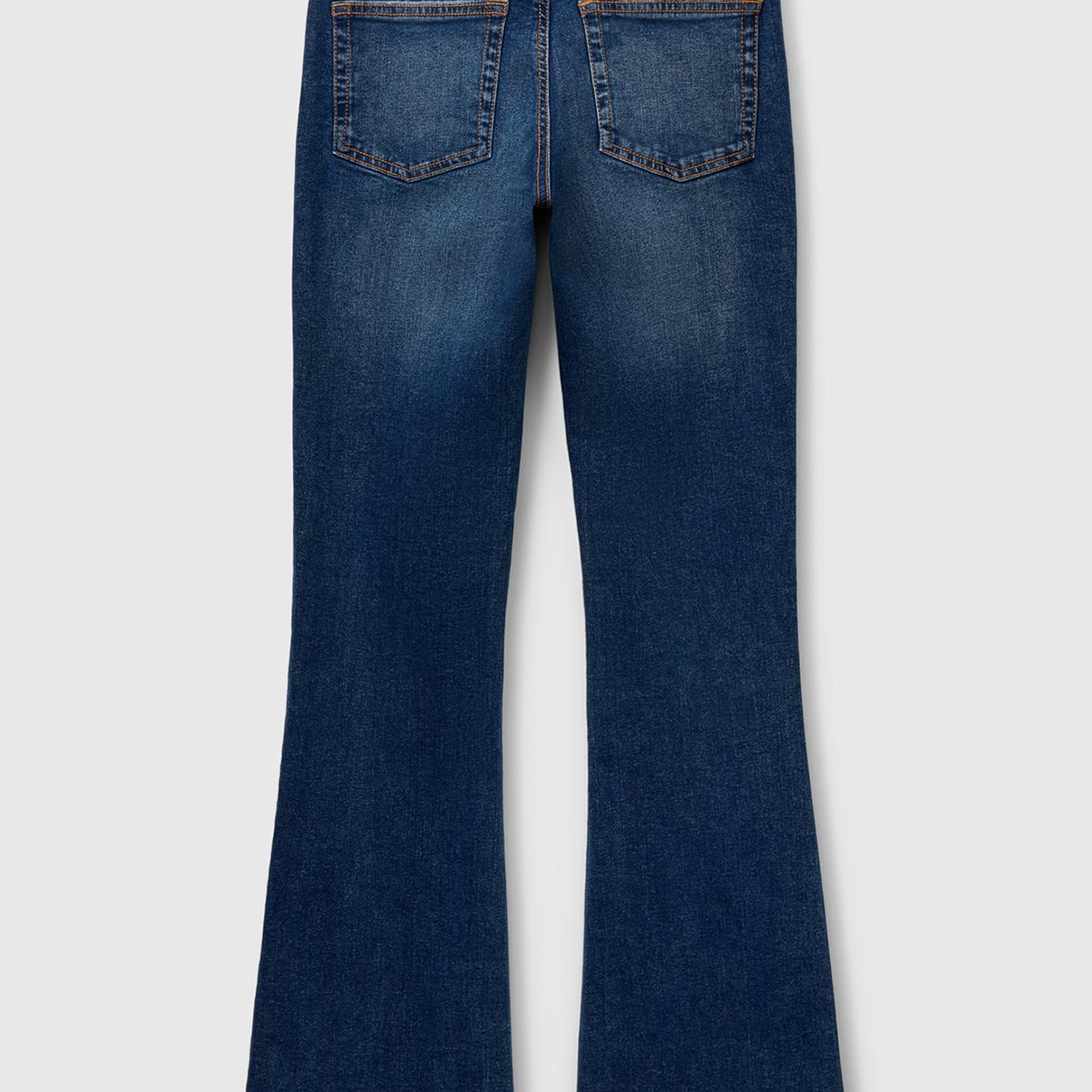 Kadın Koyu Mavi Streç Pamuklu Cepli Normal Bel İspanyol Paça Denim Pantolon