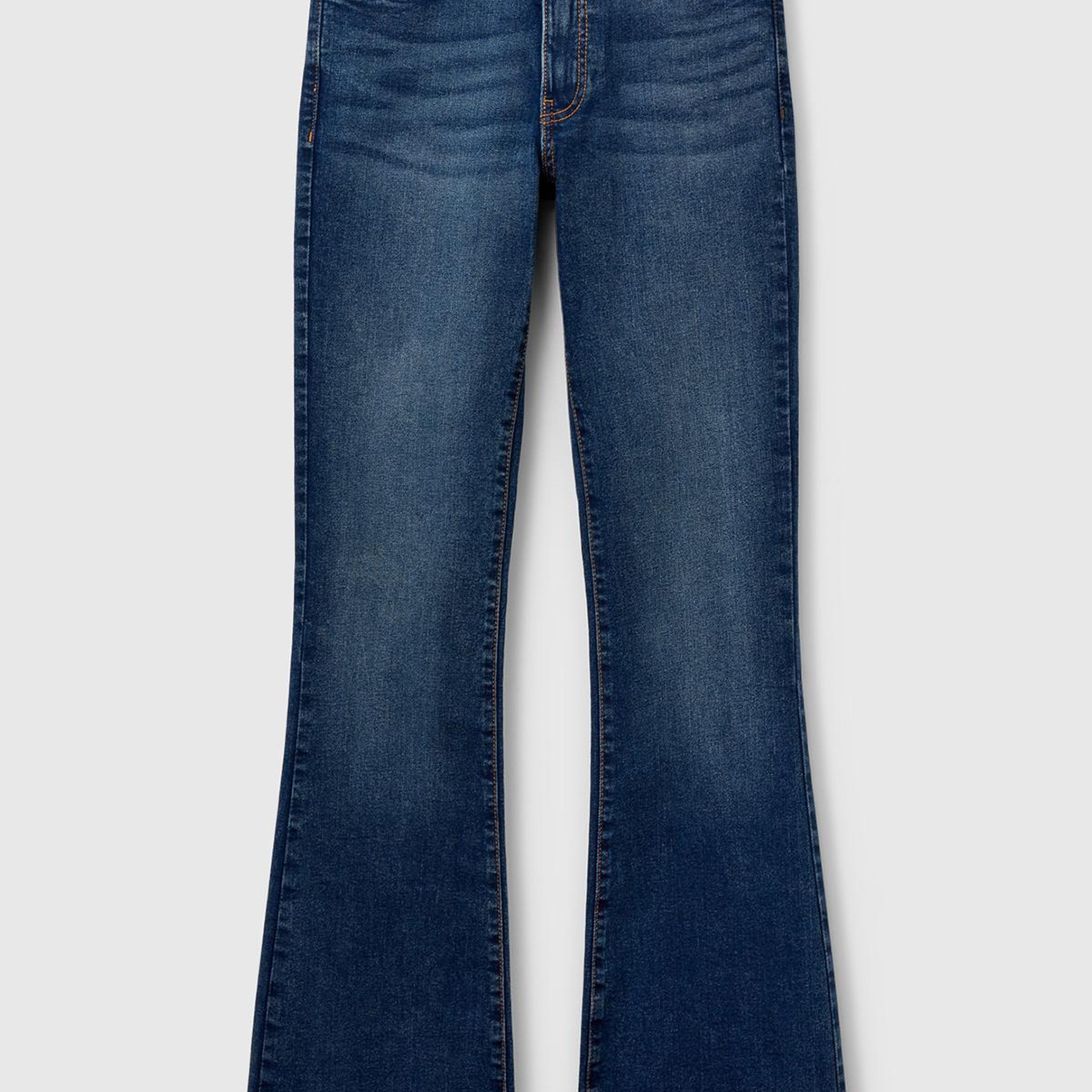 Kadın Koyu Mavi Streç Pamuklu Cepli Normal Bel İspanyol Paça Denim Pantolon