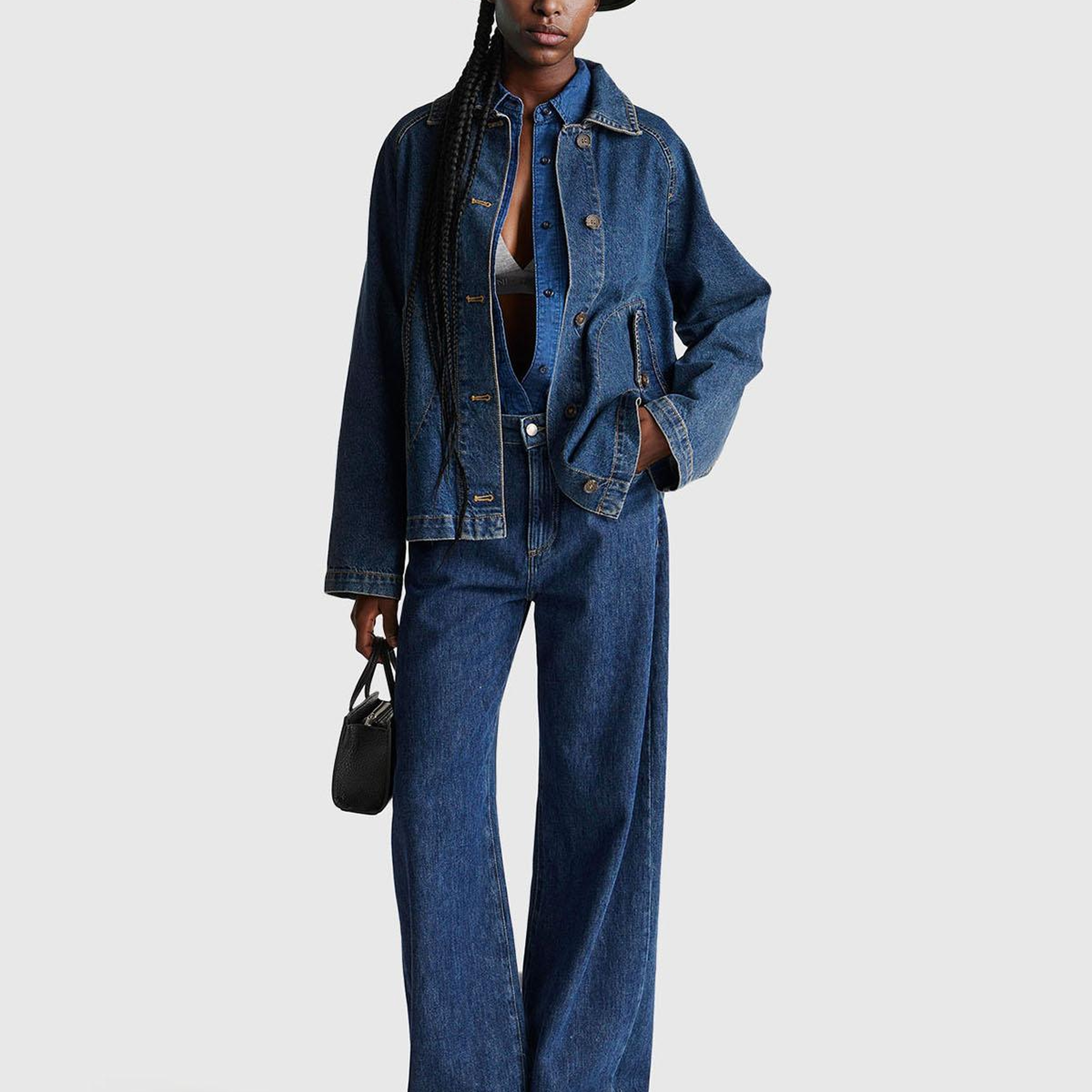 Kadın Mavi %100 Pamuk Önü Cep Detaylı Düğmeli Denim Gömlek
