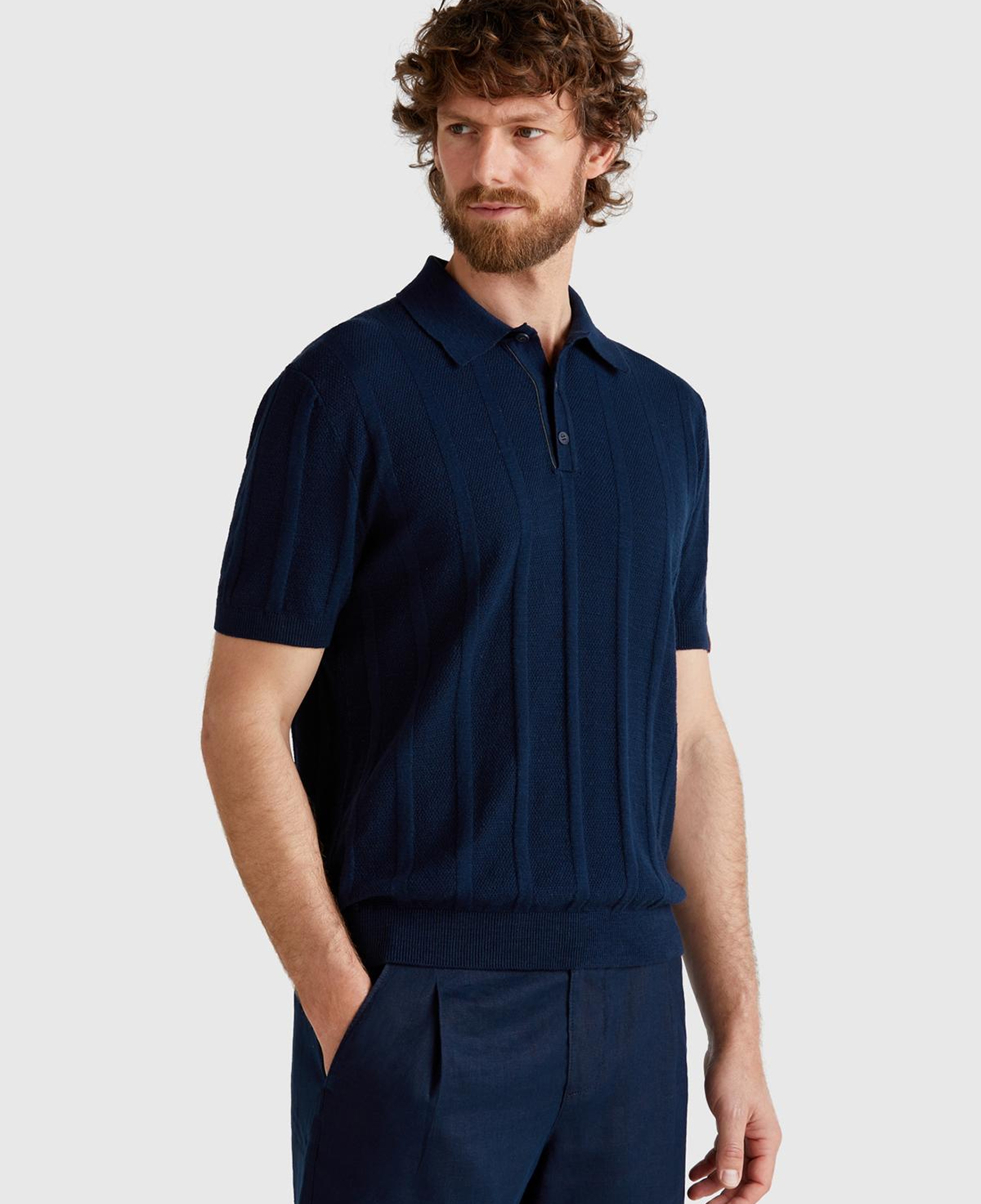 Erkek Lacivert Keten Pamuk Karışımlı Kontrastlı Düğmeli Regular Fit Triko Polo T-Shirt