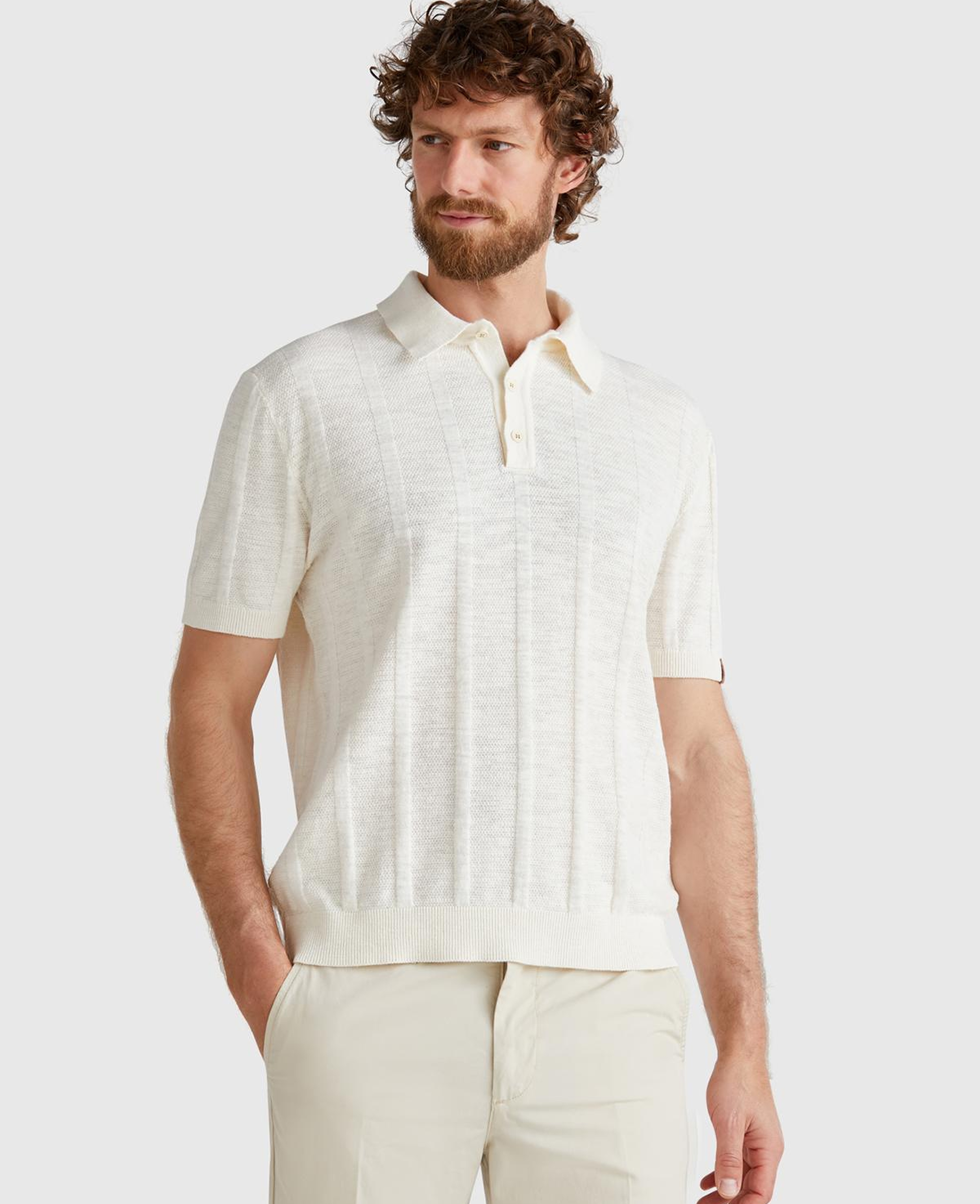 Erkek Krem Keten Pamuk Karışımlı Kontrastlı Düğmeli Regular Fit Triko Polo T-Shirt